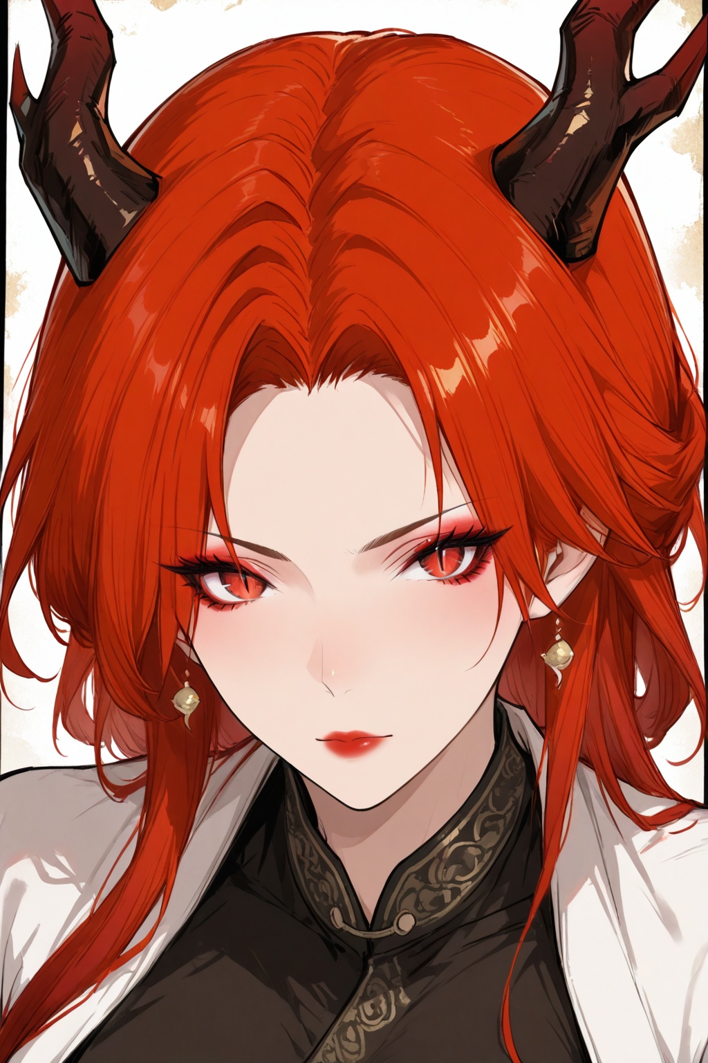 <lora:邵神韵:1>,1girl,solo,horns,red hair,looking at viewer,makeup,closed mouth,red lips,dragon_horns,red eyes,slit_pupils,