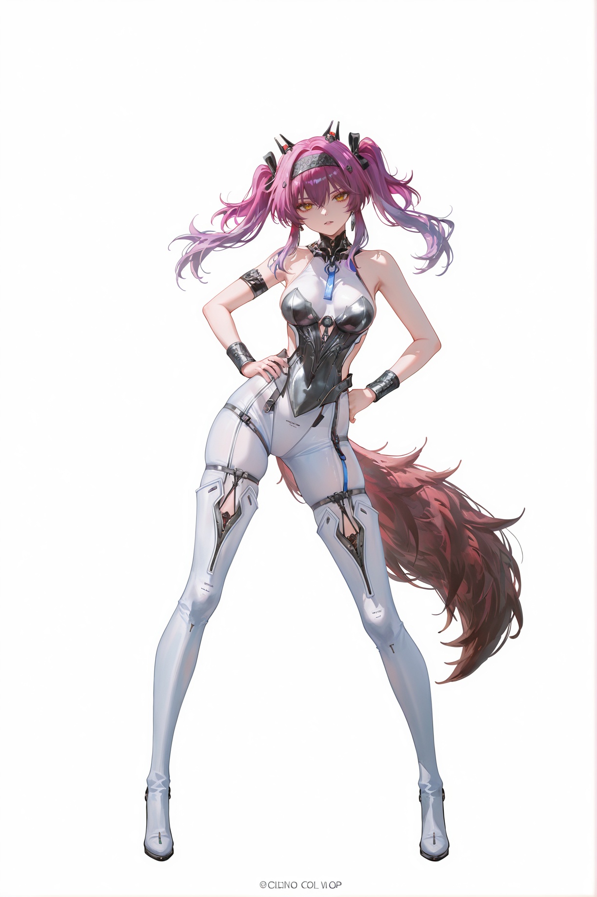 8k,best quality,masterpiece,(ultra-detailed),(high detailed skin),((artist:reoen),(artist:fuzichoco),(artist:atdan),(artist:torino_aqua),year 2024:0.8)1girl,[artist:wlop],[artist:ningen_mame],artist:ciloranko,[[artist:rhasta]],artist:tidsean,colorful,jijia,2d,ambient light,full body,full shot,standing,looking at viewer,(solo:1.2),simple background,(white background:1.2),hand on own hip,(white background:1.1),<lora:lupawave-ill-Tanger:0.8>,lupa \(Wuthering Waves\),clothes: lupadef armed bodysuit,lupa hair ornament,1girl,twintails,breasts,purple hair,yellow eyes,thighhighs,tail,bare shoulders,