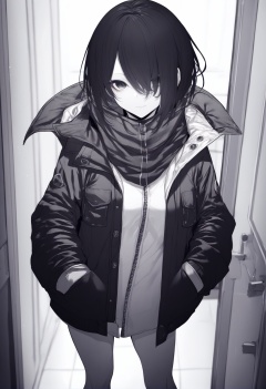 masterpiece, best quality<lora:sd_xl_dpo_lora_v1-128dim:1>,solo, 1girl, jacket, black hair, hair over one eye, looking at viewer, standing, monochrome  , <lora:hitoimimXLlokr4f-000053:1>