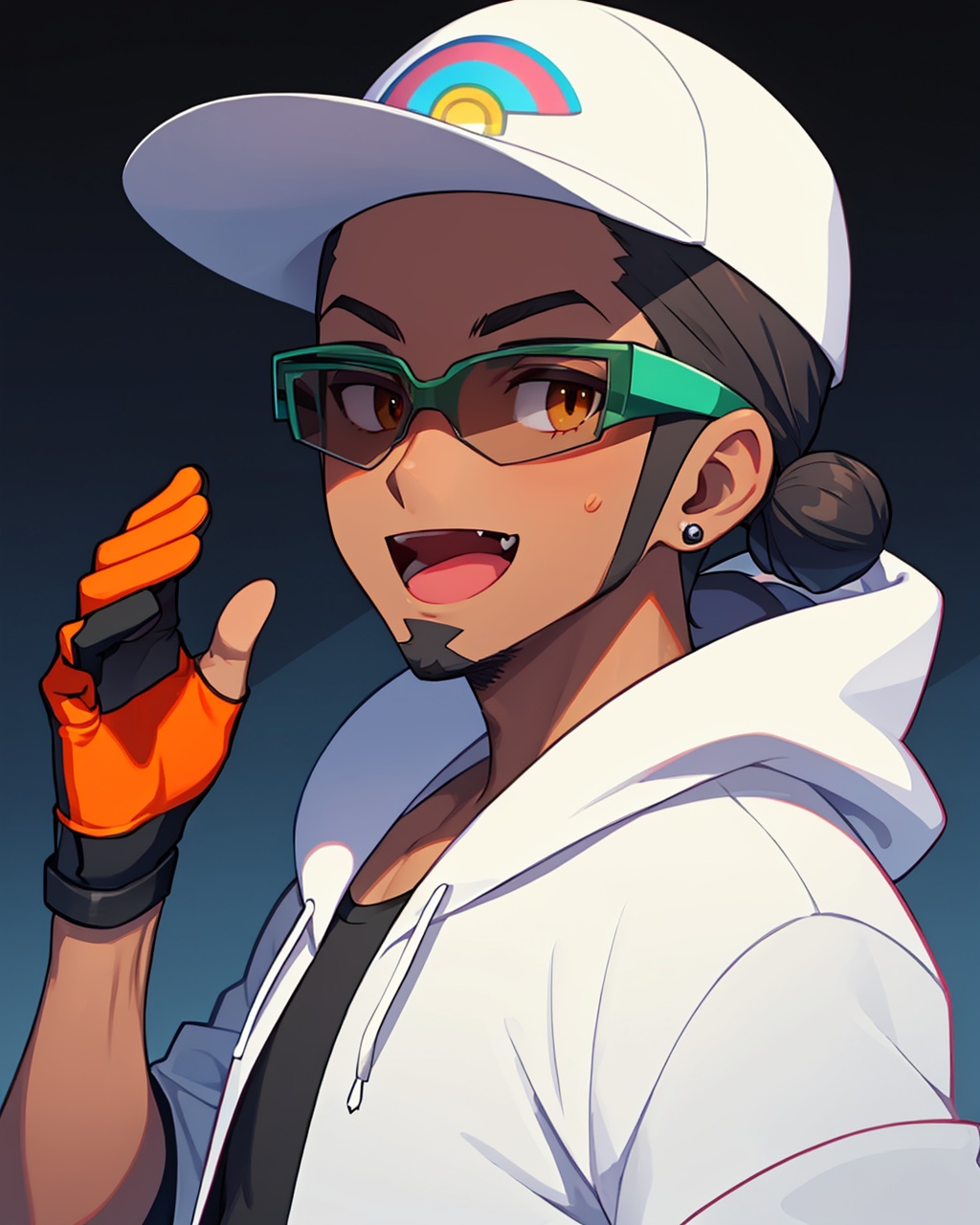 masterpiece,best quality, highly detailed, kukui (pokemon),1boy, solo, male focus, earrings, open mouth, orange headwear, dark-skinned male, partially fingerless gloves, hand up, fang, looking at viewer, black hoodie, single glove, tongue, :d,<lora:kukui_(pokemon):1>