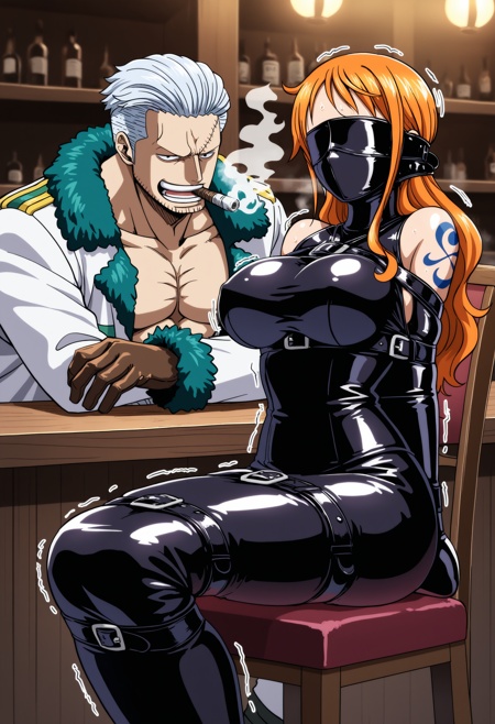 masterpiece,best quality, nami \(one piece\), gimp suit, armbinder, legbinder, sitting, covered face, shaking head, shoulder tattoo, chair, bar, 1boy,1girl,  evil smile, smoker \(one piece\),