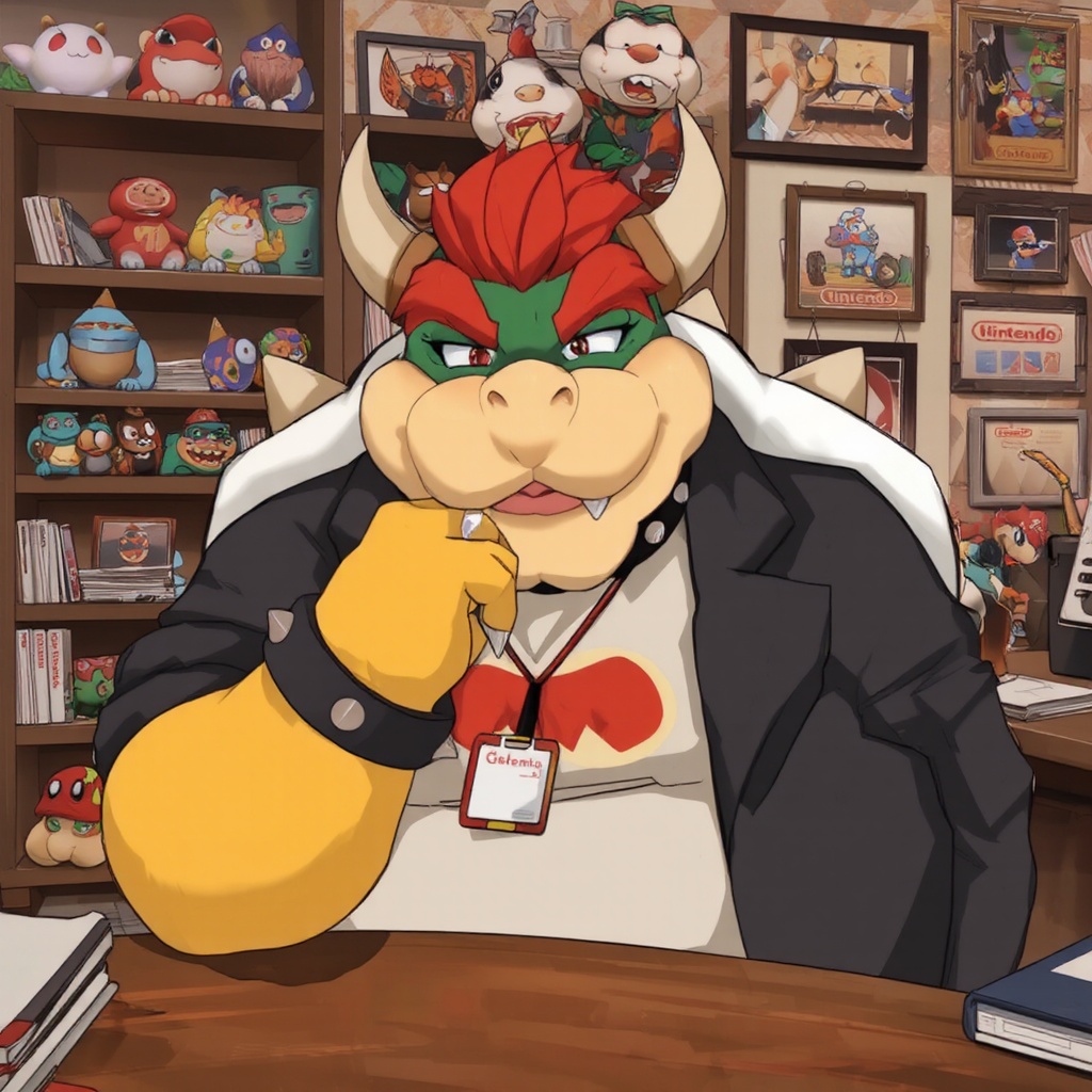 Bowser is in an office environment, leaning on a desk with a thoughtful expression, his chin resting on his hand. Dressed in a casual t-shirt featuring a stylized cartoon mouth and an ID badge around his neck, he also wears a black jacket. The background is detailed with various Nintendo-themed items, including plush toys on shelves, framed pictures, and familiar characters like Piranha Plants. The art style is colorful and vibrant, characterized by smooth lines and a rich palette, conveying a relaxed yet playful atmosphere within the space.