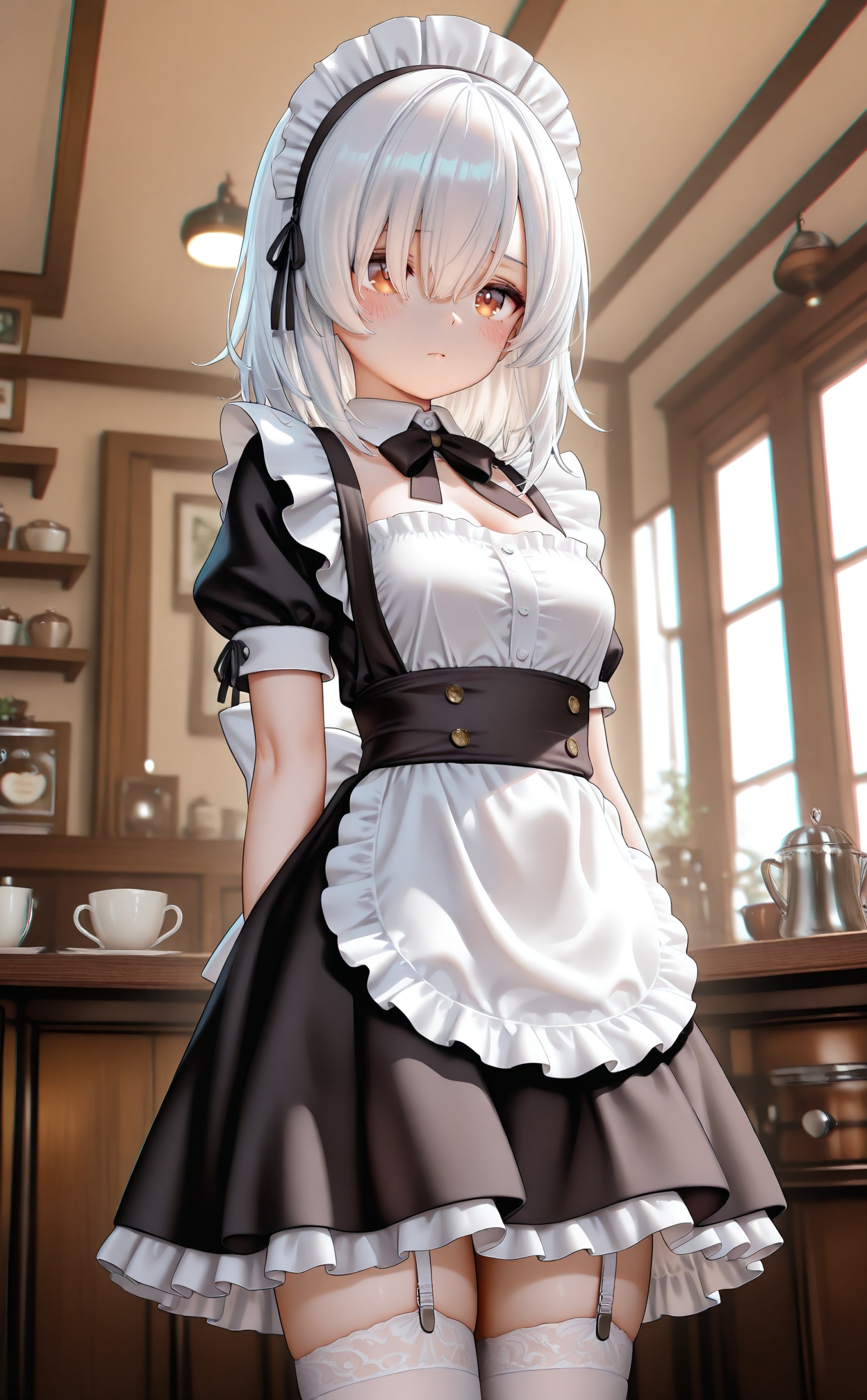 masterpiece,absurdres,best quality,high quality,chromatic_aberration,//,1girl,solo,white_hair,brown_eyes,hair_over_one_eye,medium_hair,high-waist_skirt,maid,white_thighhighs,maid_headband,garter_straps,indoors,cafe,standing,//,<lora:228zjlt——【CKXL】hans:0.8>,