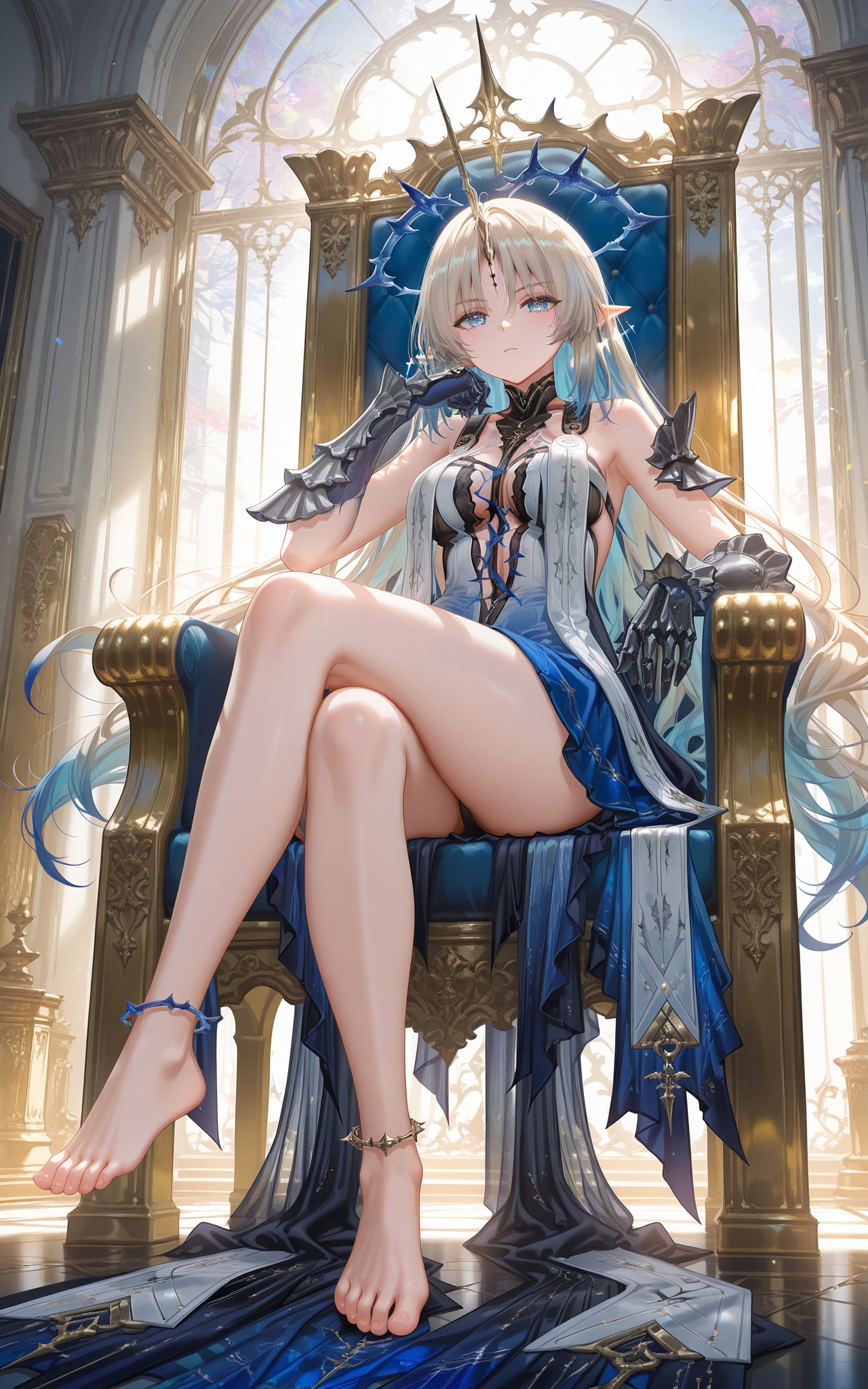 fleurdelys\(wuthering waves\), 1girl, barefoot, throne, solo, long hair, sitting, crossed legs, feet, blonde hair, toes, jewelry, pointy ears, looking at viewer, dress, bare legs, legs, very long hair, toenails, anklet, gloves, full body, gauntlets, crown<lora:xl-ill_fleurdelys(wuthering waves)-v1-000010:0.8>,8k,best quality,masterpiece,(ultra-detailed),(high detailed skin),((artist:reoen),(artist:fuzichoco),(artist:atdan),(artist:torino_aqua),year 2024:0.8),[artist:wlop],[artist:ningen_mame],artist:ciloranko,[[artist:rhasta]],artist:tidsean,colorful,