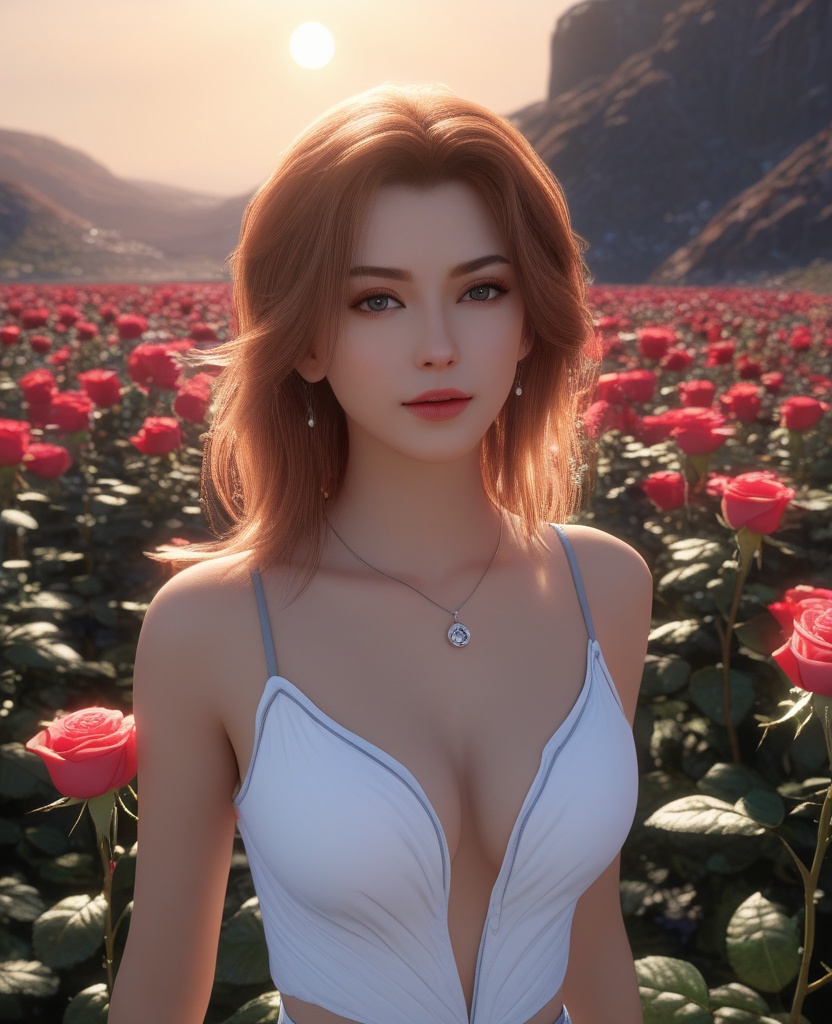 <lora:592-DA-XL-星辰变-姜立:0.8>(,1girl, ,best quality, ),looking at viewer,masterpiece, (( , )),, realistic,science fiction,mole, ultra realistic 8k cg, sun ,  rose,(cleavage), (),