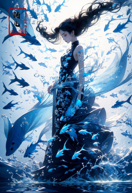 (wide shot, wide-angle lens,Panoramic:1.2),super vista, super wide Angle，Low Angle shooting, super wide lens, Chinese, Song rhyme, Oriental，pretty，A beautiful woman with delicate facial features,(meca style),offcial art, colorful, Colorful background, splash of color,movie perspective, advertising style, magazine cover，fluorescent blue theme, fish, aquarium,  solo,1girl, scenery, water，A shot with tension，(Visual impact,giving the poster a dynamic and visually striking appearance:1.2),Chinese Zen style,impactful picture,<lora:绪儿-海底世界Underwater world:0.8>