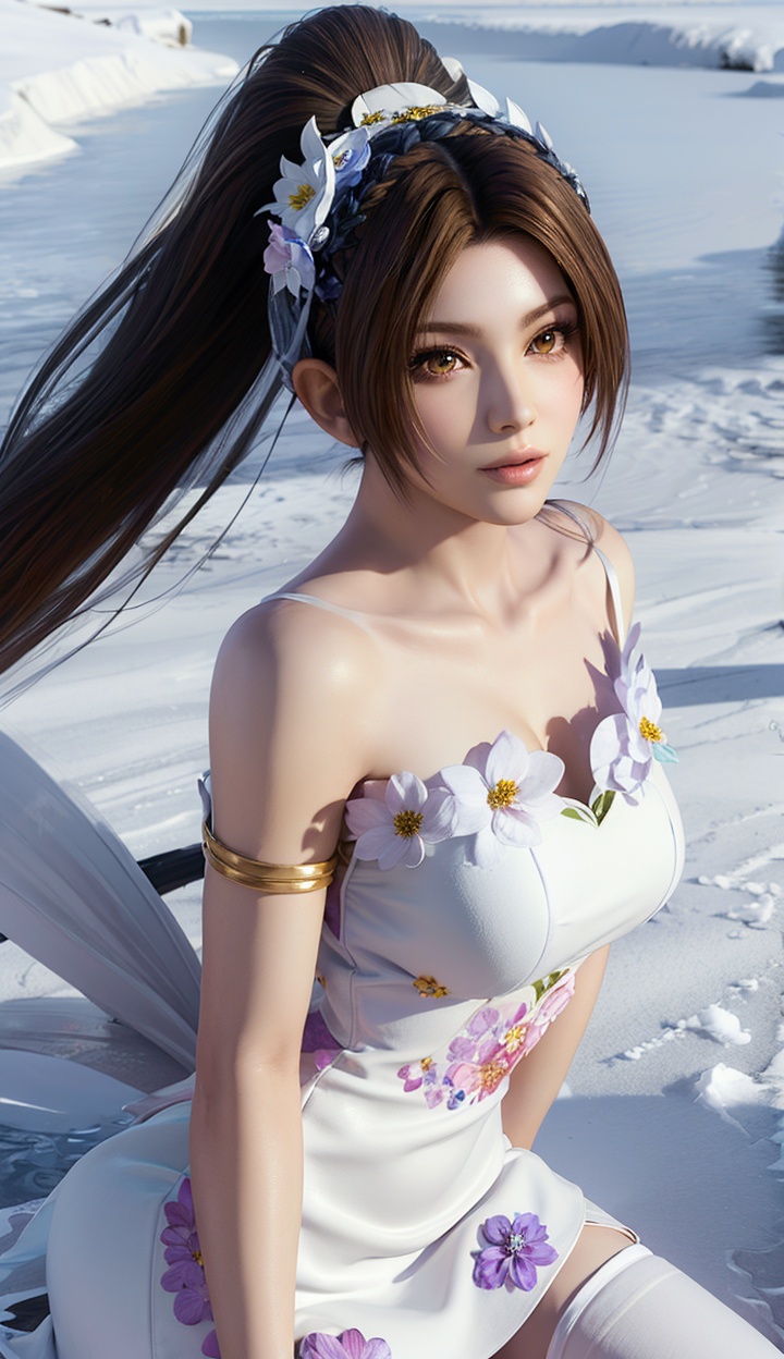 masterpiece,highres,1girl,solo,sfw,<lora:add_detail:0.3>,looking at viewer,thighhighs,((beautiful Dress+stocking):1.25),((flower headdress:1.45)),((white theme:1.5)),snow,outdoors,snowflakes,sleeveless,(3D graphics),shiranui mai,<lora:shiranuimai:0.7>,