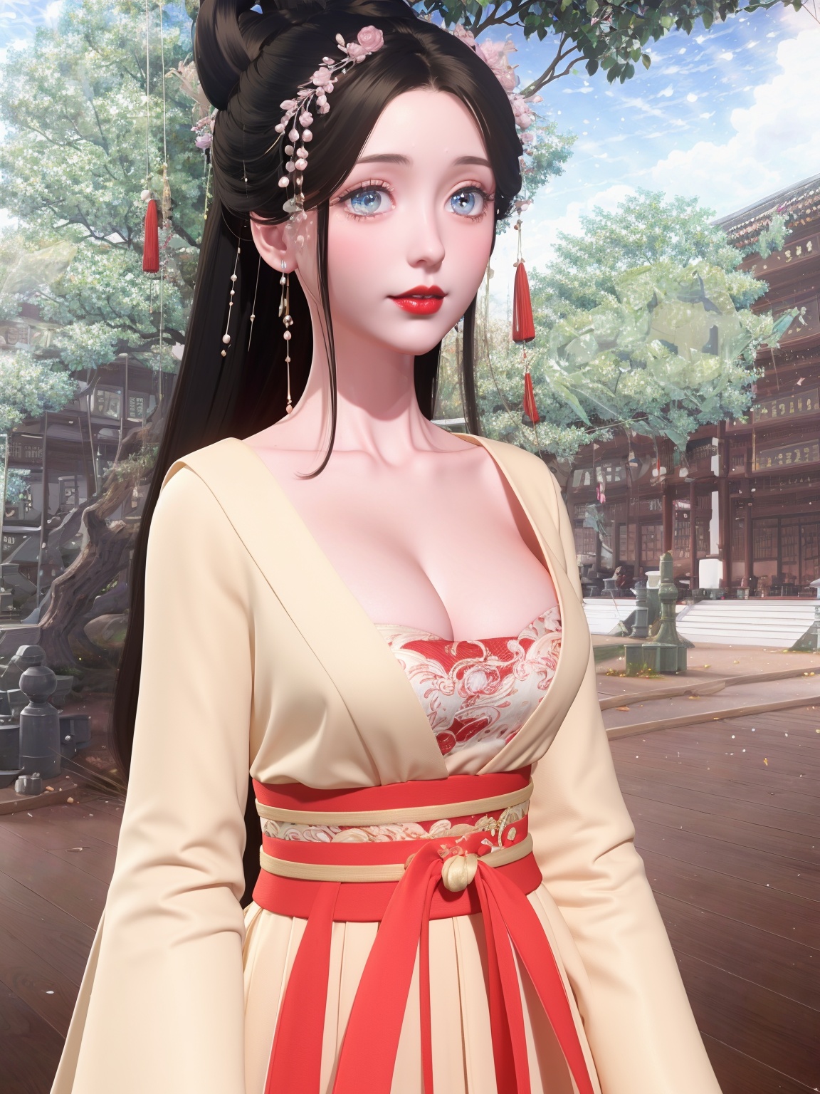 1 girl,diamond earrings,see-through,headwear,with heavy makeup,red lips,Moisturizing red lips,eye makeup,upper_body,chest,breast,cleavage,black hair,solo,<lora:暖暖1.1:1>,hanfu,dress,side,