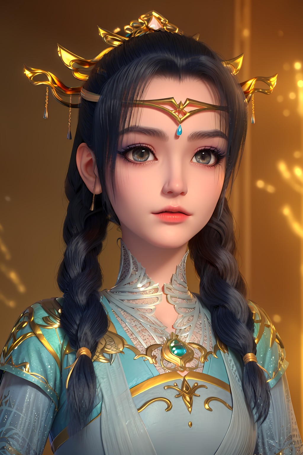 3D,masterpiece,(best quality),(makeup),official art, extremely detailed cg 8k wallpaper,(1girl),((crystalstexture skin)), (extremely delicate and beautiful),(highly detailed),(face),(collar),(twin_braids),(gold_trim),(twintails),(headdress),(forehead_mark),(female_child),, (solo), (jewelry), (earrings),(blue_hair),(long_hair),(hair_ornament),(handwear),,(small_breast),((portrait)),(closed_mouth),(chinese_clothes),(dress),,(multicolored_clothes),(multicolored_dress),(shiny_clothes),(city,indoor,bed),(armor),,((looking_at_viewer)),((Facing the camera)),, <lora:hipoly3DModelLora_v10:0.3>