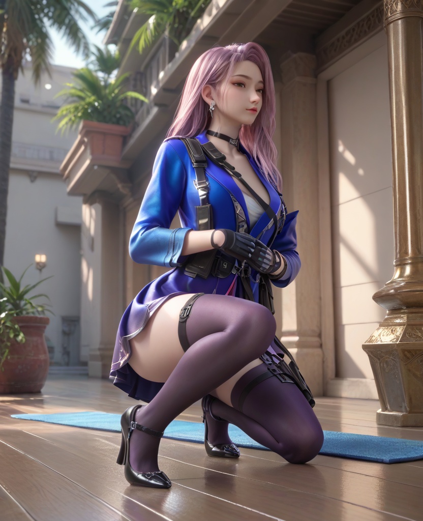 (oriental architecture, elegant decor, sophisticated style:1.1),(practicing yoga, tree pose:1.1),(breasts:1.2),<lora:XL16穿越火线云悠悠保卫者:0.95>,miss yunyouyou,blue jacket,purple overskirt,brown eyes,pink hair,long hair,earrings,jewelry,black choker,belt,black gloves,thigh holstered,mauve thighhighs,black heels,, score_9,score_8_up,score_7_up,score_6_up,score_5_up,score_4_up,3d rendering,tag1,tag2, Cinematic Lighting,backlighting,, zPDXL3, zPDXL2,zPDXL, zPDXLxxx, zPDXLrl,