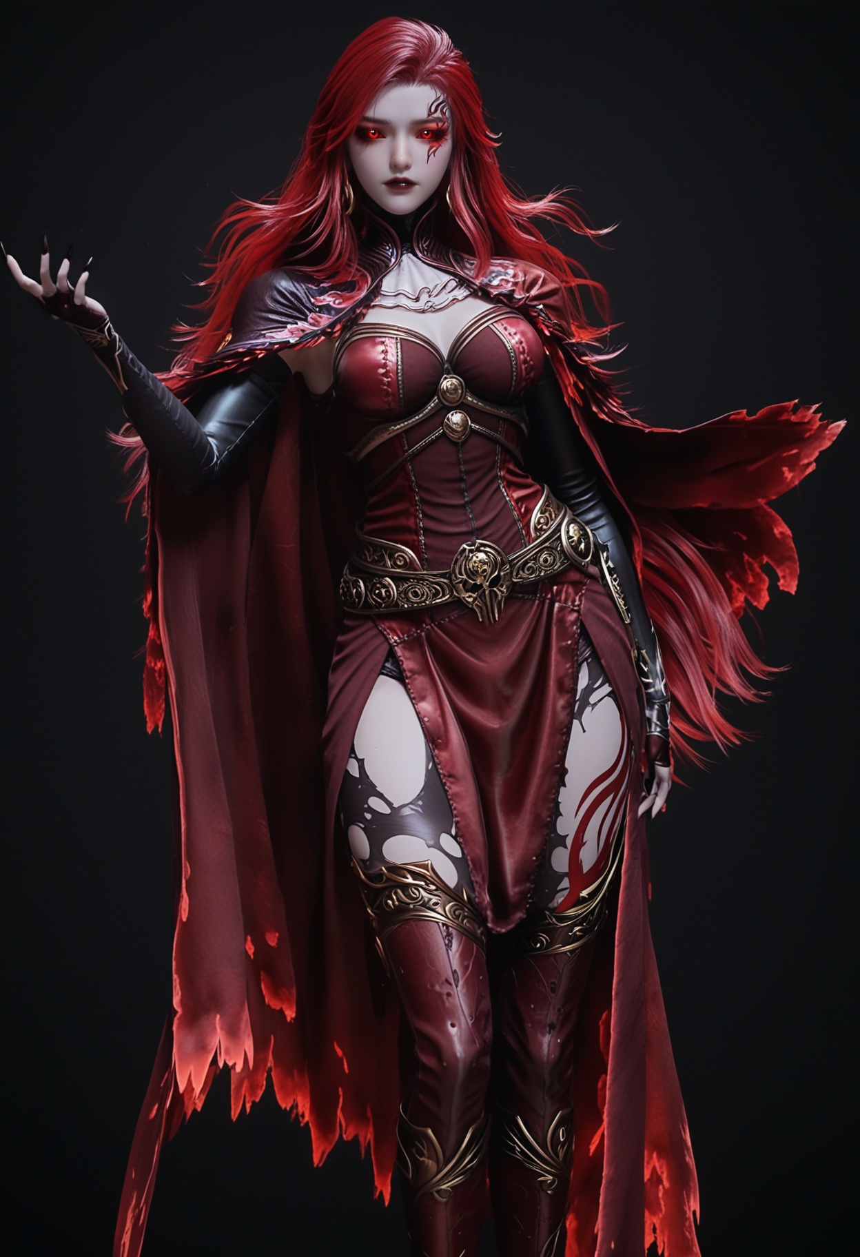 (cowboy shot:1.2),score_9,score_8_up,masterpiece,(best quality),intricate details,facing viewer,(looking at viewer:1.1),<lora:YQ_pony_maxiaotao_fuzhang2_V4:0.8>,q1528437228,1girl,solo,long hair,red hair,red eyes,dress,cape,belt,boots,jewelry,red dress,thighhighs,earrings,colored sclera,black sclera,high heels,torn clothes,tattoo,red cape,ascot,brown eyes,facial mark,gloves,armor,glowing eyes,red sclera,thigh boots,high heel boots,white ascot,black footwear,BREAK(score_9:1.2),(score_8_up:1.2),masterpiece,best quality,very aesthetic,perfect anatomy,(hourglass),perfect face,(simple background,pure black background,black background:1.1),fair_skin,(shiny_skin:1.1),Ivory_skin,