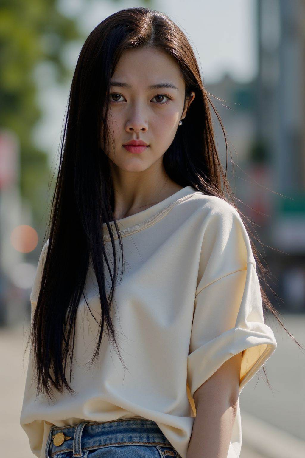film grain, 1girl, solo, realistic, black hair, looking at viewer, clothes, skirt, long hair, brown eyes, photorealistic, upper body, outdoors,
