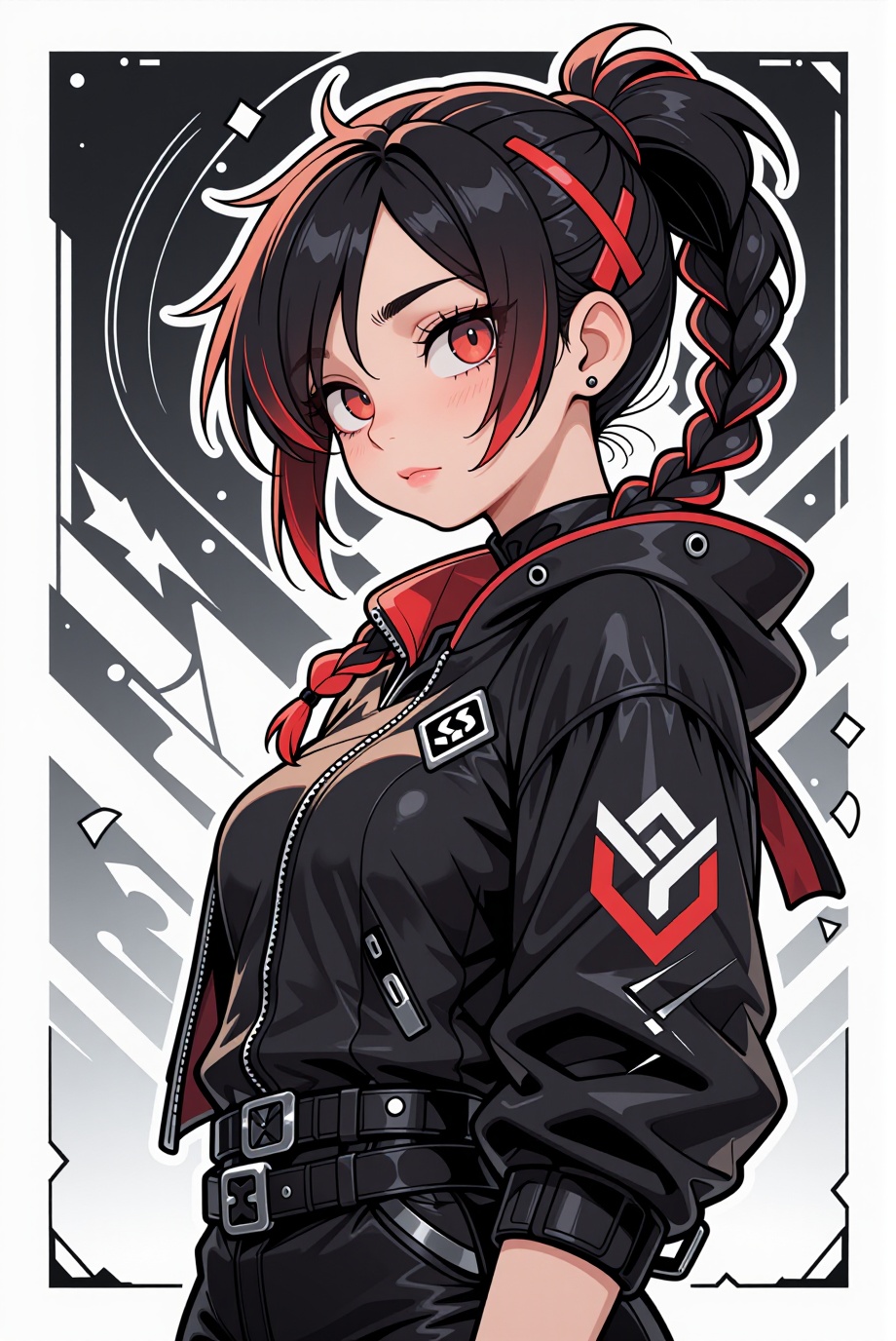 Cyberpunk warrior with intricate,  braided hair featuring vibrant red streaks,  dressed in a high-tech black jacket adorne...