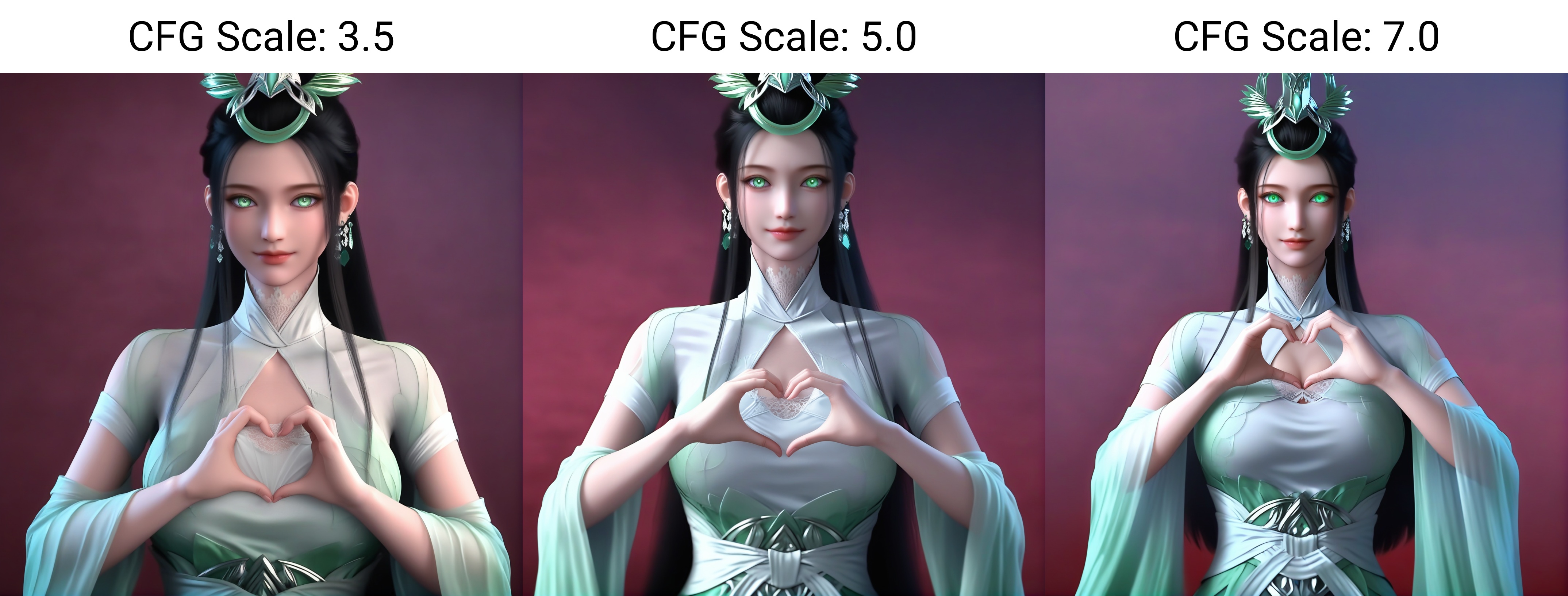 (score_9),red background,collarbone,(glamor:1.1),narrow waist,<lora:陆嫁嫁pony-v2:0.82>,long hair,black hair,jade headdress,crystal earrings,headdress,light blush,light smile,green dress,high collar,white lace choker,clothing cutout,chest cutout,low hair bun,waist sash,heart hands,(single _glowing eyes),looking at viewer,front view,upper body,BREAKred background, masterpiece,best quality,absurdres,highres,hd,