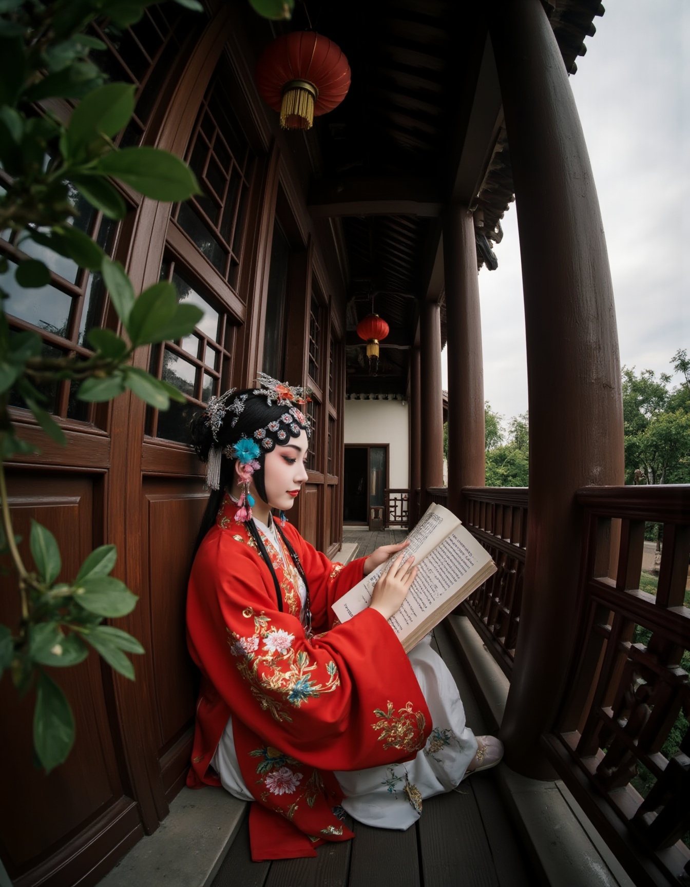 fisheye lens,taken from a low-angle perspective, giving the viewer a sense of height and depth, The photograph captures a young woman in traditional Chinese attire sitting on a wooden balcony overlooking a serene garden. She is dressed in a vivid red robe with intricate embroidery, adorned with gold and silver thread, featuring traditional Chinese floral patterns. Her hair is styled elaborately with a traditional headdress adorned with intricate designs and delicate flowers, adding to the regal and historic aesthetic. She is holding an open book in her right hand, which suggests she is reading or studying. The background features a traditional Chinese building with wooden columns and a red lantern hanging from the ceiling, adding to the cultural ambiance. The balcony railing is made of dark brown wood, and the wooden floor is worn, indicating age and history. The woman's skin tone is fair, and her eyes are accentuated with dramatic makeup, typical of traditional Chinese theater. She has a serene expression, focused on the book. The scene is framed by lush green foliage, creating a sense of privacy and tranquility. The photograph captures a timeless moment, blending traditional cultural elements with a modern aesthetic, evoking a sense of historical elegance and serenity.<lora:特摄镜头-鱼眼FLUX:0.8> <lora:昆曲-花旦FLUX:0.6>