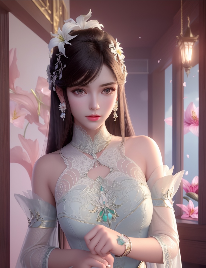 ultra realistic 8k cg, picture-perfect face, flawless, clean, masterpiece, professional artwork, famous artwork, cinematic lighting, cinematic bloom, perfect face, beautiful face, fantasy, dreamlike, unreal, science fiction,  beautiful clothes, lace, lace trim, lace-trimmed legwear,  (rich:1.4), prestige, luxury, jewelry, diamond, gold, pearl, gem, sapphire, ruby, emerald, intricate detail, delicate pattern, charming, alluring, seductive, erotic, enchanting, hair ornament, necklace, earrings, bracelet, armlet,halo((,1girl, pov,))(((,lily \(flower\),  1girl, spring_\(season\), solo,looking at viewer, ))) <lora:DA_XiaoXunEr:0.6>