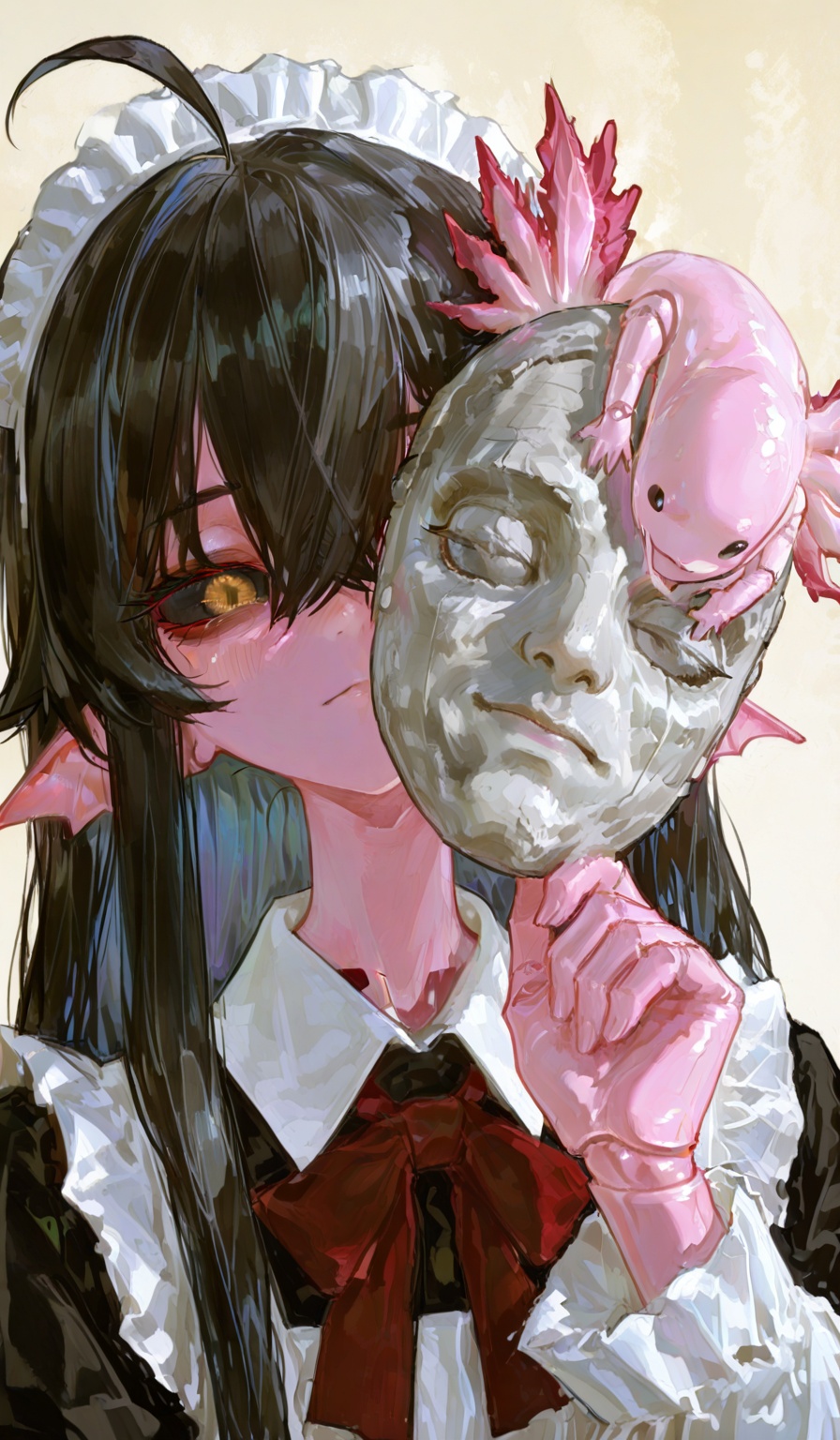 <lora:Taswell的SenSen画风:0.8>,highres,absurdres,newest,very awa,masterpiece,best quality,year 2024,(vanripper:1.2),yomiya_sateko,potg_(piotegu),void_0,(dino_(dinoartforame):0.8),(fkey:0.8),(yomu_(sgt_epper):0.8),(close-up:1.8),(upper body:1.5),cinematic lighting,god rays,ray tracing,reflection light,1boy,(solo:1.3),crossdressing,ahoge,huge ahoge,(black hair:1.3),colored inner hair,grey hair,long hair,messy hair,(grey inner hair:1.1),hair flaps,sidelocks,bangs,hair between eyes,long bangs,yellow eyes,black sclera,colored sclera,(axolotl gills:1.3),pink gills,long gills,(pink skin:1.3),(colored skin:1.1),joints,(doll joints:1.1),mask on head,stone mask,red bowtie,high collar,(frilled shirt:1.1),dress,collared dress,white dress,long sleeves,puffy sleeves,juliet sleeves,wide sleeves,girdle,black waist cape,bubble skirt,garter_straps,(thighhighs:1.1),vertical-striped legwear,white thighhighs,grey pantylines,black high heels,strappy heels,stiletto heels,