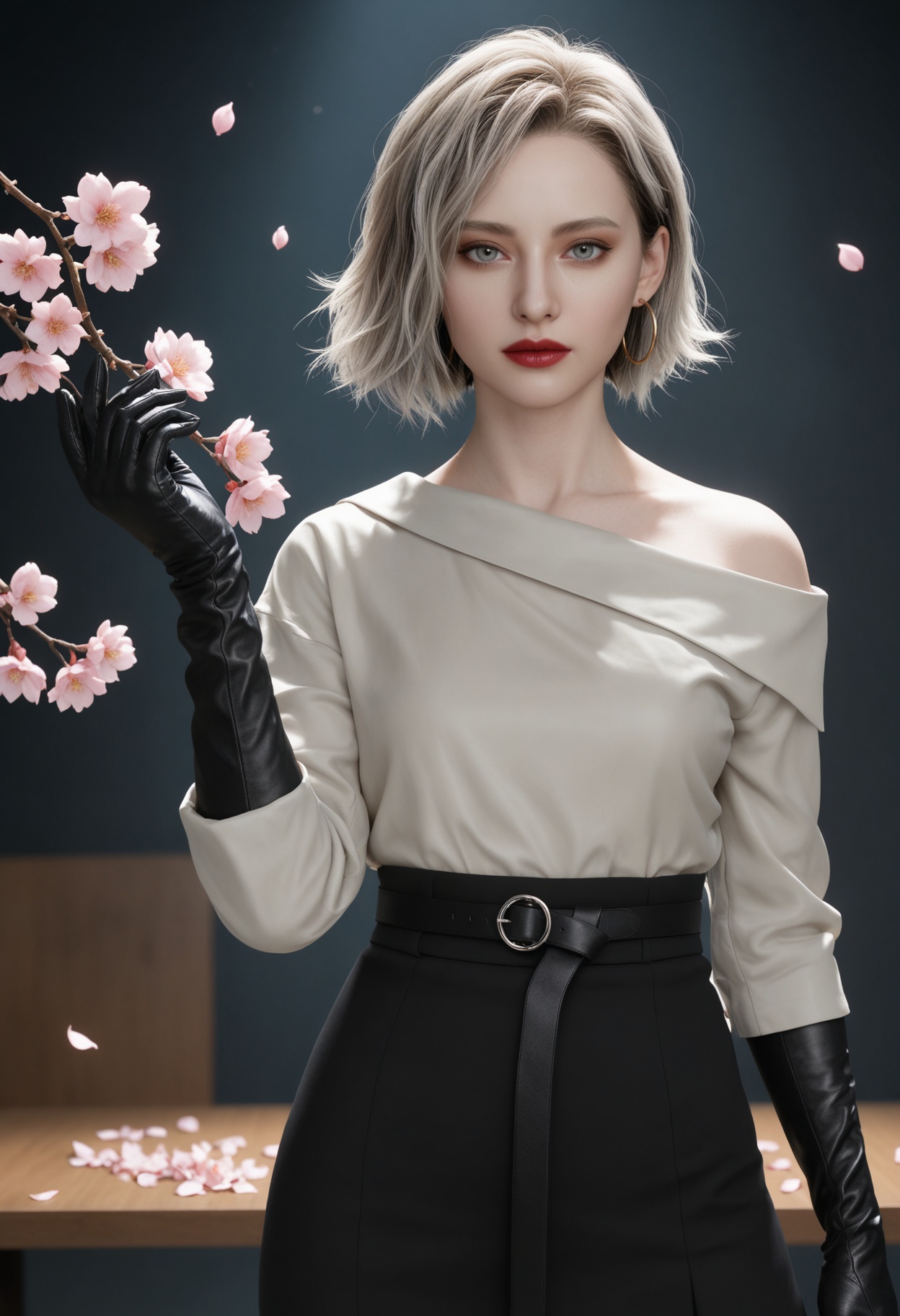 (upper_body:1.2),(looking at viewer:1.1),masterpiece,(best quality),smog,Dark room,dim lighting,peach blossom,falling petals,<lora:YQ_Illustrious光辉v5_格蕾丝_V1:0.8>,q1528437228,solo,1girl,short hair,shirt,earrings,jewelry,blonde hair,gloves,black gloves,white shirt,grey eyes,hoop earrings,skirt,grey hair,red lips,black skirt,belt,long sleeves,long skirt,brown eyes,pants,black footwear,black hair,boots,elbow gloves,lipstick,blue eyes,multicolored hair,off-shoulder shirt,