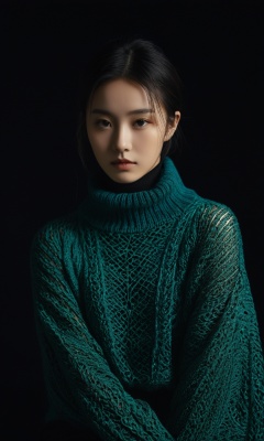 Surrealist art chinese girl,18yo,Portrait Studio,facial,official art,photographic lights,warm light,black background,realistic,solo,Sony A7R IV with Sony FE 85mm f-1.4 GM,Agfa Vista 400,green sweater,a blue blanket,surrealistic,16k image quality,sparse mesh sweater, . Dreamlike, mysterious, provocative, symbolic, intricate, detailed