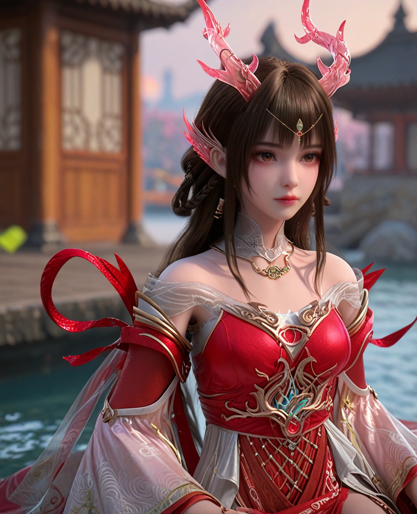 (oriental architecture, elegant decor, sophisticated style:1.1),(Sitting on a wooden dock, feet dipped in water, staring at the reflection with introspection,:1.1),(breasts:1.2),<lora:XL百炼成神龙宫云落:0.95>,miss yunluo,brown hair,ong hair,red dress,hair ornament,jewelry,bare shoulders,braid,antlers,brown eyes,earrings,detached sleeves,pointy ears,detached collar,, zPDXL2, score_9, score_8_up, score_7_up BREAK realistic, masterpiece,best quality, highly detailed,, zPDXL3, zPDXL2,zPDXL, zPDXLxxx, zPDXLrl,