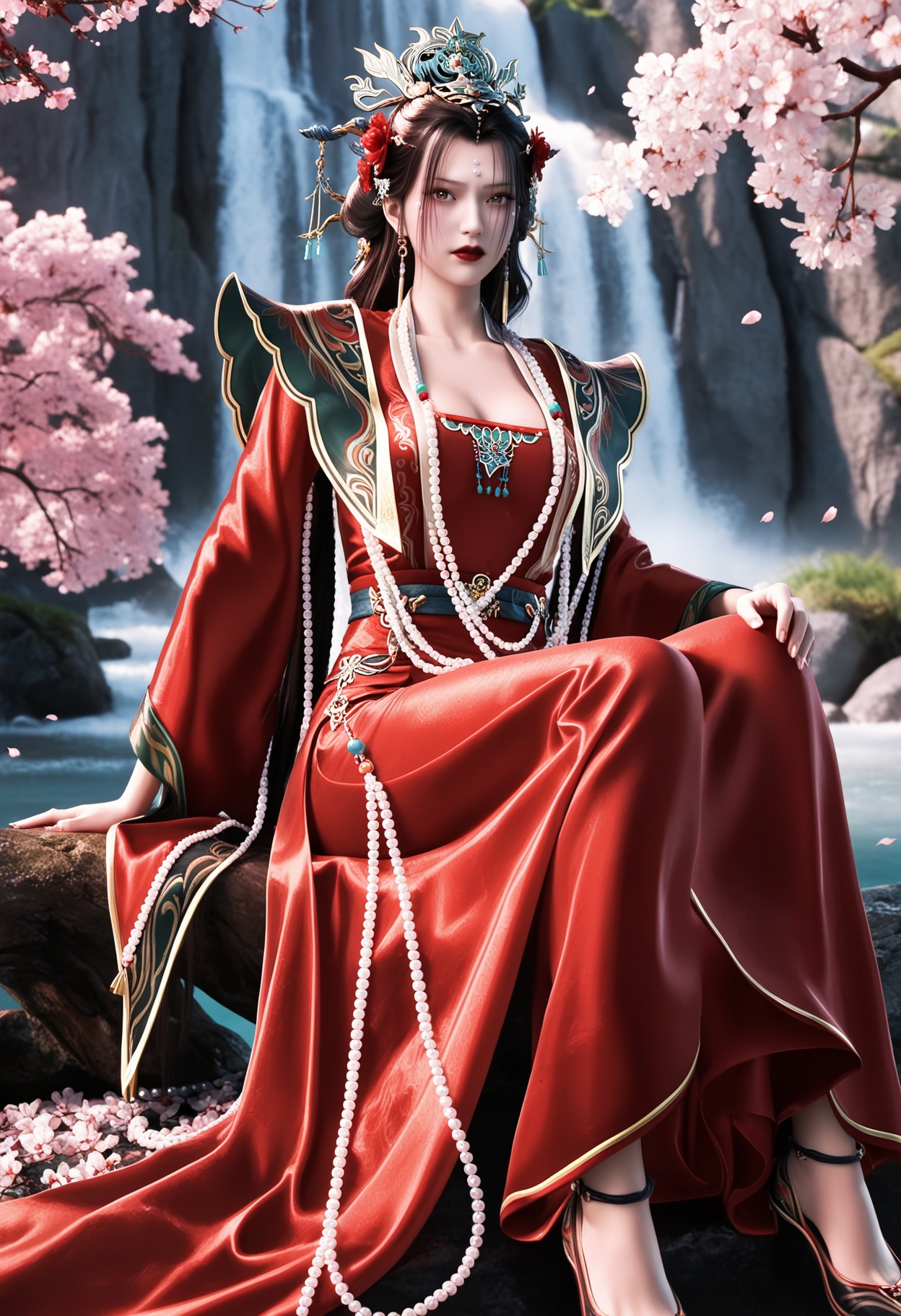 masterpiece,best quality,amazing quality,high resolution,ultra-detailed,absurdres,(looking at viewer:1.1),(moody lighting:1.1),waterfall,peach blossom,falling petals BREAK (large breasts:0.8),chufuren,1girl,solo,hair ornament,jewelry,black hair,long hair,beads,earrings,forehead mark,necklace,red lips,chinese clothes,facial mark,hair flower,dress,bead necklace,red dress,makeup,brown eyes,realistic,lipstick,shoes,sitting BREAK photorealistic details,<lora:QQSillchufurenV1:0.8>,