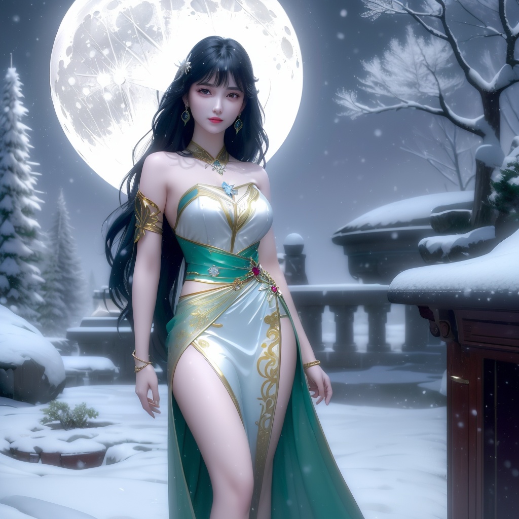 <lora:739-DA-斗破苍穹-慕青鸾:0.8>, (,1girl, ,best quality, ),looking at viewer,  ultra realistic 8k cg, picture-perfect face,   clean, masterpiece,     cinematic lighting, cinematic bloom, fantasy,  , unreal, science fiction, ((,1girl, pov,))(((,tree, 1girl, full moon,snowing,snow ,solo,     solo focus,  long_hair, looking_at_viewer,  )))  (rich:1.4,)     prestige, luxury, jewelry, diamond, gold, pearl, gem, sapphire, ruby, emerald, intricate detail, delicate pattern, charming, alluring, seductive, erotic, enchanting, hair ornament, necklace, earrings, bracelet, ,