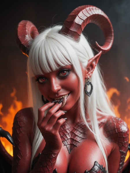 realistic,a sexy succubus in fires of hell, fire in background, dark lighting, beautiful face, upward facing demon horns, demon girl, scales, scaled skin, red skin, long ears, earrings,long white hair, (hair bangs:1.3), soft hair, medium sized breasts, red eyes, mascara, eyelashes, (feminine:1.4), seductive, head tilt, smiling,(slender face:1.3), (big eyes:1.3), wings, tail, puffy cheeks, licking finger, forked tongue, dynamic pose,