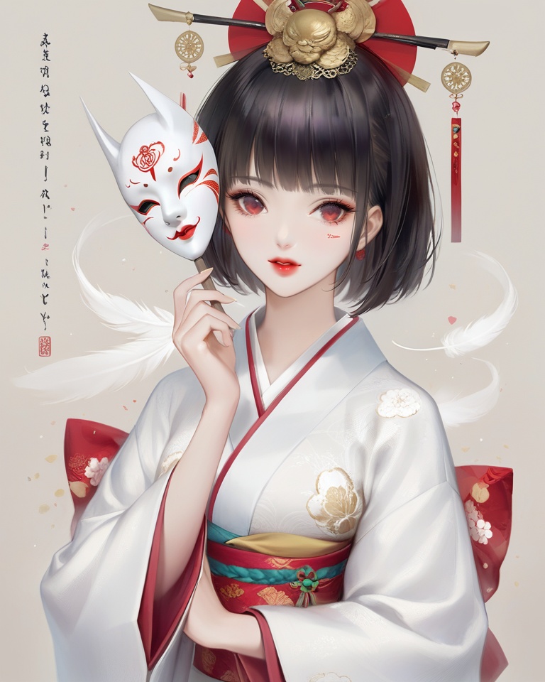 (best quality), ((masterpiece)), (highres), illustration, original, extremely detailed,<lora:DDCXL:0.7>1girl, solo, triangular headpiece, black hair, short hair, japanese clothes, red lips, holding mask, red eyes, looking at viewer, holding, parted lips, mask, bangs, kimono, blunt bangs, white kimono, feathers, mask removed, lips, body writing, upper body