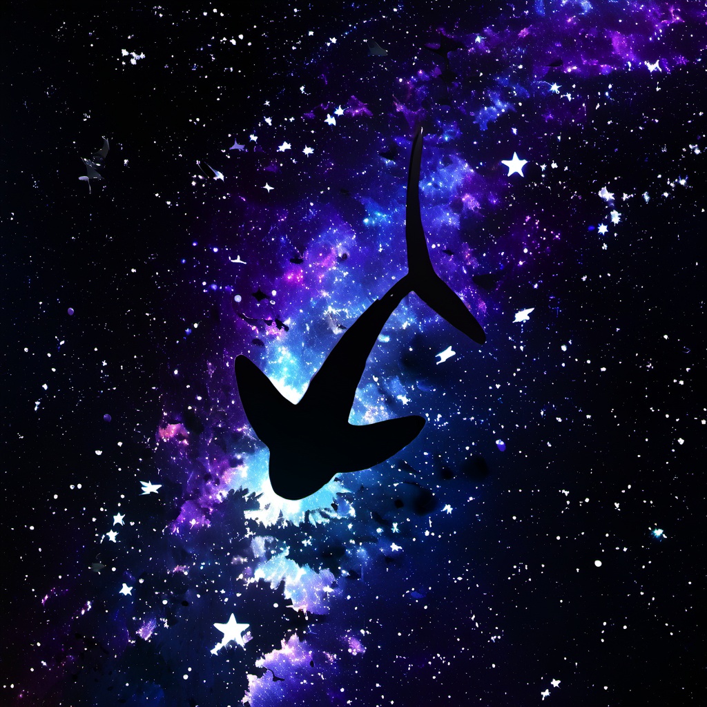 <lora:star_xl_v2:1>,a space scene with a large group of birds flying through the sky and a lot of stars in the background, solo, monochrome, sky, no humans, night, star \(sky\), scenery, starry sky, fish, blue theme, silhouette, 1girl, moon, night sky, space, pillar, The image showcases a mesmerizing cosmic scene where a silhouette of a shark is swimming amidst a vast expanse of space. The backdrop is a vibrant blend of deep blues, purples, and hints of white, reminiscent of a galaxy or nebula. The shark, with its elongated body and tail, appears to be swimming upwards, with its silhouette contrasting sharply against the luminescent cosmic backdrop. The image evokes a sense of wonder, mystery, and the vastness of the universe., shark, cosmic scene, vast expanse of space, galaxy or nebula, elongated body, tail, luminescent, wonder, universe