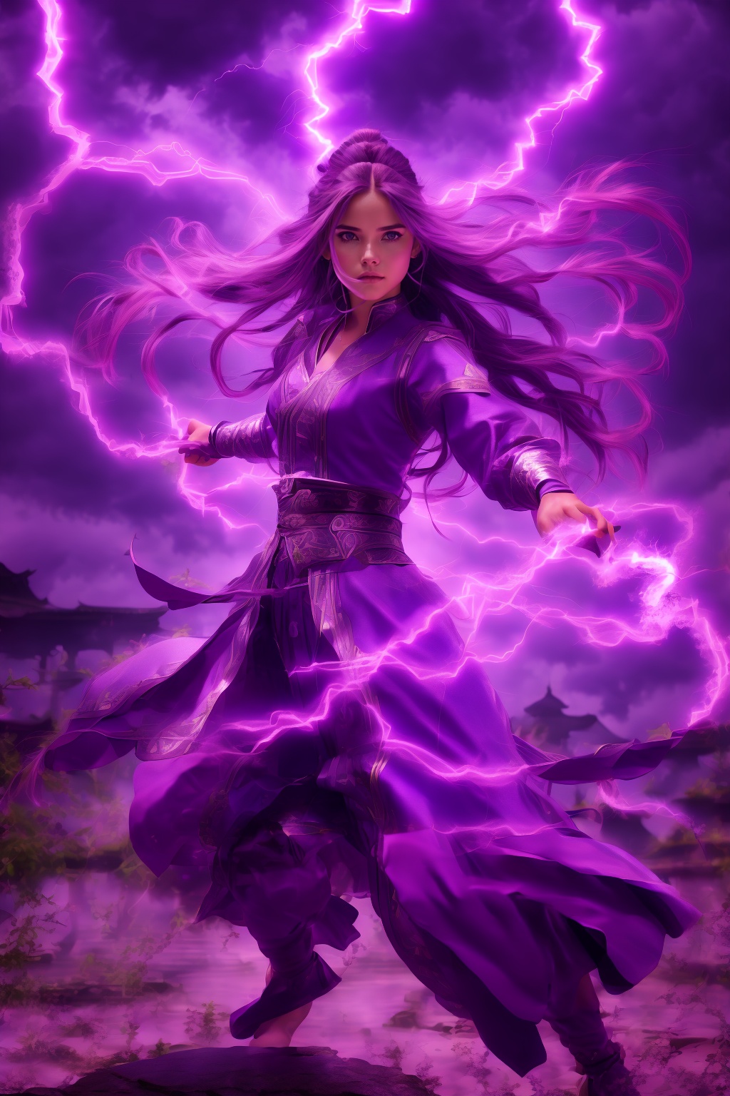 purple-lightning-aura,using purple-lightning-magic,purple-lightning-magic,ancient-costume,dancing,fighting stance,1girl,solo,long hair,brown hair,<lora:magic_fighting_purple_512_15:0.8>,