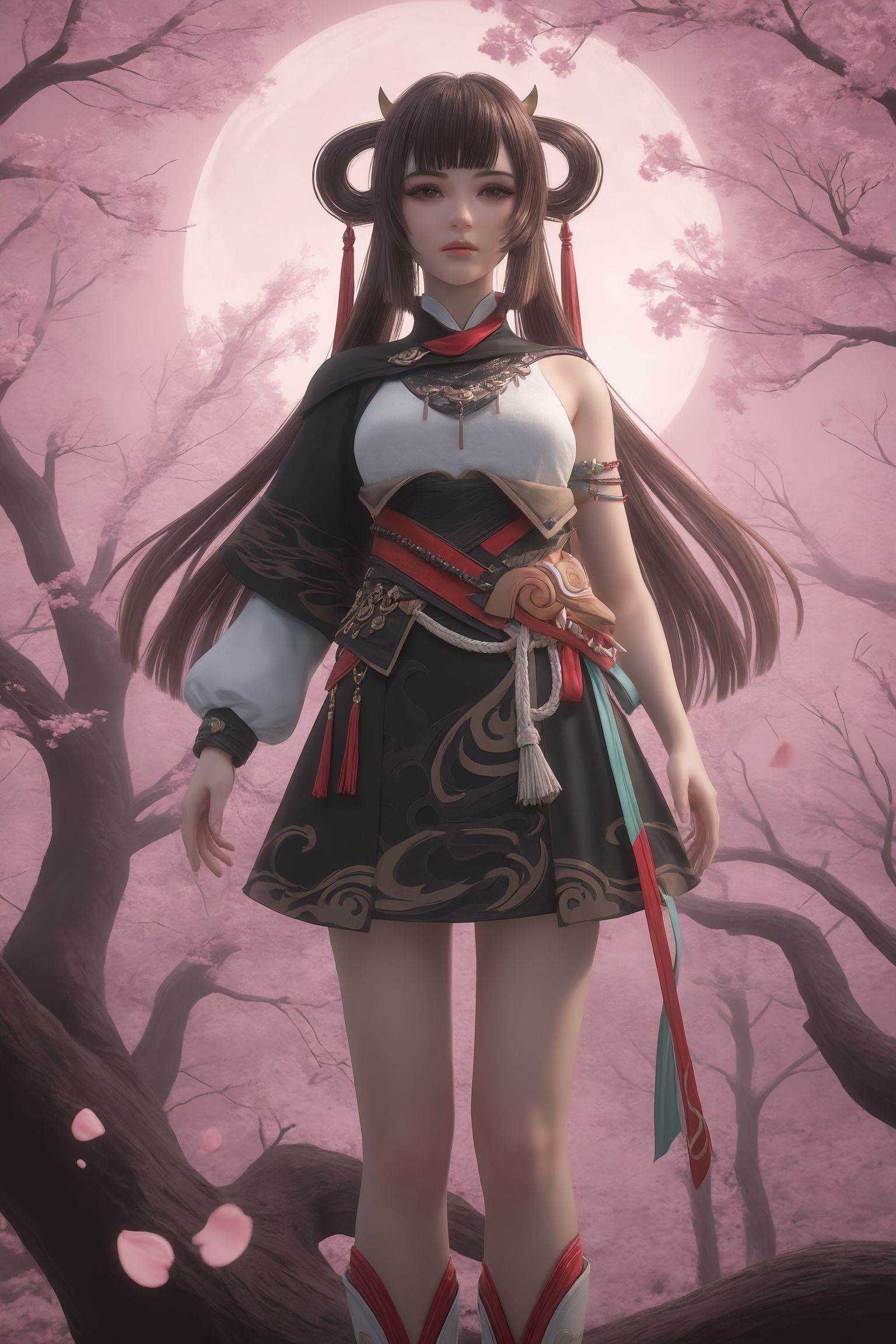 photo realistic,masterpiece,best quality,soft glow,skin texture,masterpiece,best quality,solo,1girl,upper body,petals,looking at viewer,moon,branch,cherry blossoms,flower,extreme aesthetic,(quasarcake:0.7),masterpiece,best quality,good quality,newest,year,very aesthetic,absurdres,A shot with tension,(Visual impact,giving the poster a dynamic and visually striking appearance:1.2),impactful picture,offcial art,colorful,splash of color,movie perspective,<lora:百炼成神-赵小花ILL:0.7>,long,straight brown hair,high ponytail,red ribbon,traditional East Asian-inspired outfit consisting of a sleeveless top with a white,off-the-shoulder design and a dark,flowing skirt.white, high-heeled boots,