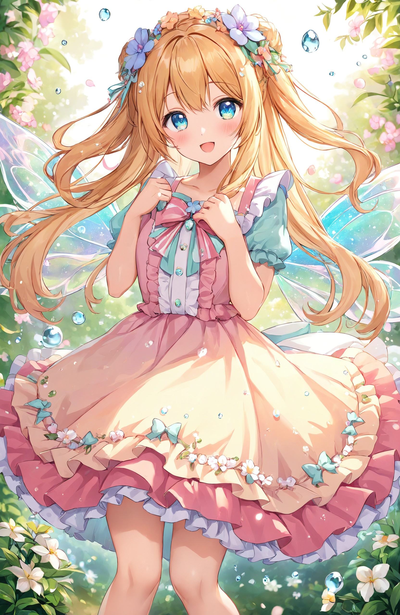"Cute anime art style, a young fairy with glittering wings flutters above a magical garden filled with oversized flowers and sparkling dew drops. She wears a short, frilly dress with matching floral accessories, and her expression is one of pure joy. The garden is bathed in a soft pastel light, creating a whimsical and enchanting atmosphere."