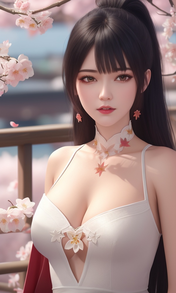 (,1girl, ,best quality, ),looking at viewer, <lora:418-DA-百炼成神-莫雨馨:0.8> ,ultra detailed 8k cg,ultra detailed background,ultra realistic 8k cg, ,masterpiece, (( , )),, ,science fiction,mole, ultra realistic 8k cg, ,    ,(,cherry blossoms, autumn leaves,perfect cherry blossom,   ), (cleavage), 1girl, , , depth_of_field, solo, , ,