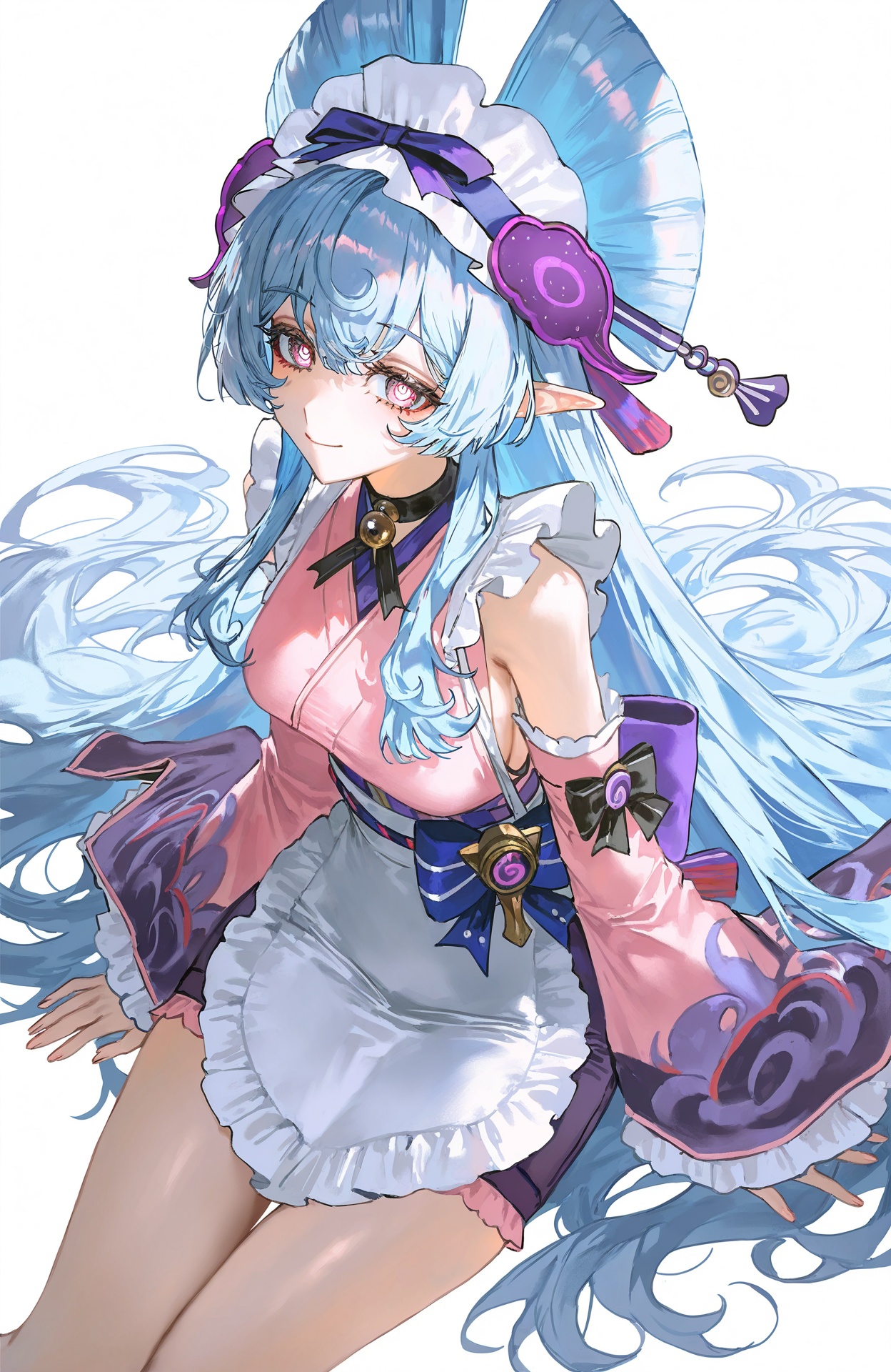(artist:quasarcake:0.8),extreme aesthetic,(wlop:0.6),(honjou raita,lack,rella,wanke:0.5),masterpiece,best quality,good quality,newest,year 2024,year 2023,very aesthetic,absurdres,Visual impact,A shot with tension,ultra-high resolution,32K UHD,sharp focus,best-quality,masterpiece,Emotionalization,unconventional supreme masterpiece,masterful details,temperate atmosphere,with a high-end texture,in the style of fashion photography,Dynamic and visual impact,offcial art,colorful,splash of color,movie perspective,masterpiece,best quality,amazing quality,very aesthetic,absurdres,best quality,newest,1girl,bell,blue_hair,apron,choker,closed_mouth,detached_sleeves,frilled_hairband,frills,from_above,hairband,japanese_clothes,long_hair,long_sleeves,looking_at_viewer,neck_bell,nihongami,pink_eyes,pointy_ears,cropped_legs,bright_pupils,smile,solo,simple_background,very_long_hair,sitting,white_background,yumemizuki_mizuki,white_apron,white_pupils,<lora:yumemizuki_mizuki_v0.1_Illustrious-000040>,