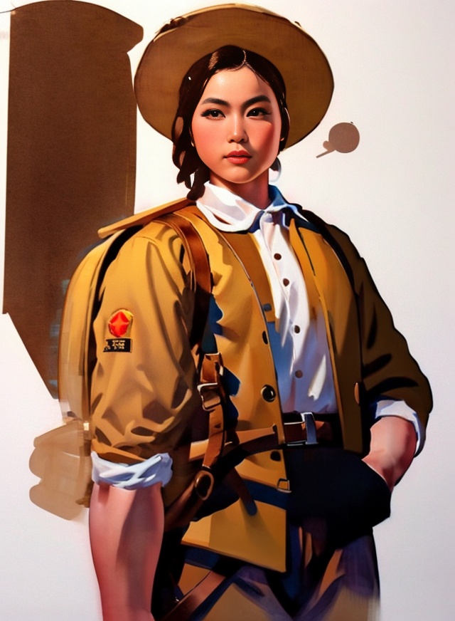 1girl, backpack, solo, 1girl, hat, bag, simple background, white background, cowboy shot, parted lips, pants, looking at viewer, white headwear, realistic, jacket, belt, lips, long sleeves, brown eyes, black hair, short hair, brown hair, xuanchuan,<lora:SD1.5_Nianhua2:1>