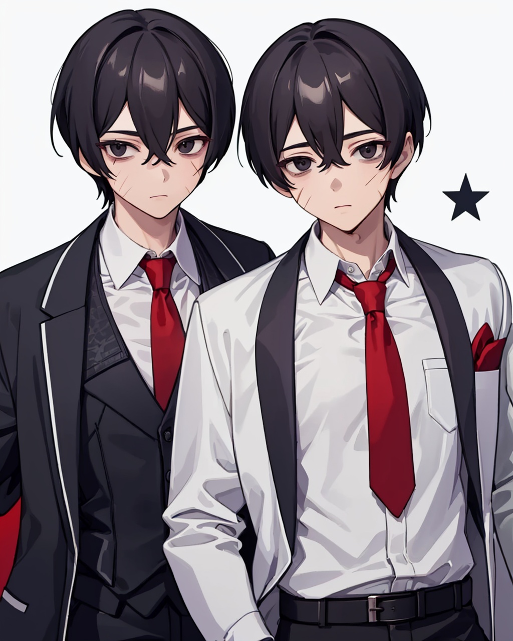 masterpiece,best quality, highly detailed, yi sang (project moon), 2boys, white background, red necktie, simple background, male focus, white shirt, formal, collared shirt, suit, closed mouth, star (symbol), looking at viewer, scar on face, jacket,<lora:yi_sang_(project_moon):1>