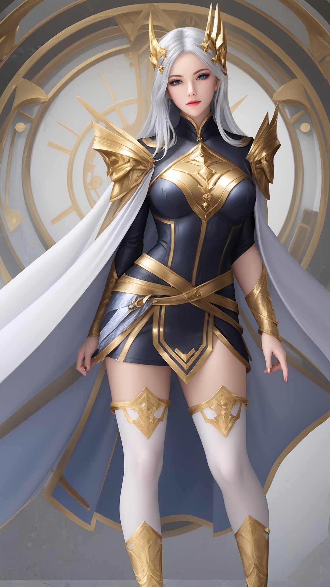 (1girl),smooth chin,masterpiece,detailed face,((hair ornament)),top quality,4k,make up,best quality,large breasts,(looking at viewer),long legs,arms behind back,mature female,full body,silver hair,detached sleeves,black and blue mixed jacket,armor,white skirt,(black cape),blue eyes,short pencil skirt,cloak,white legwear,<lora:1王者露娜启示之音_v1.0:0.8>,