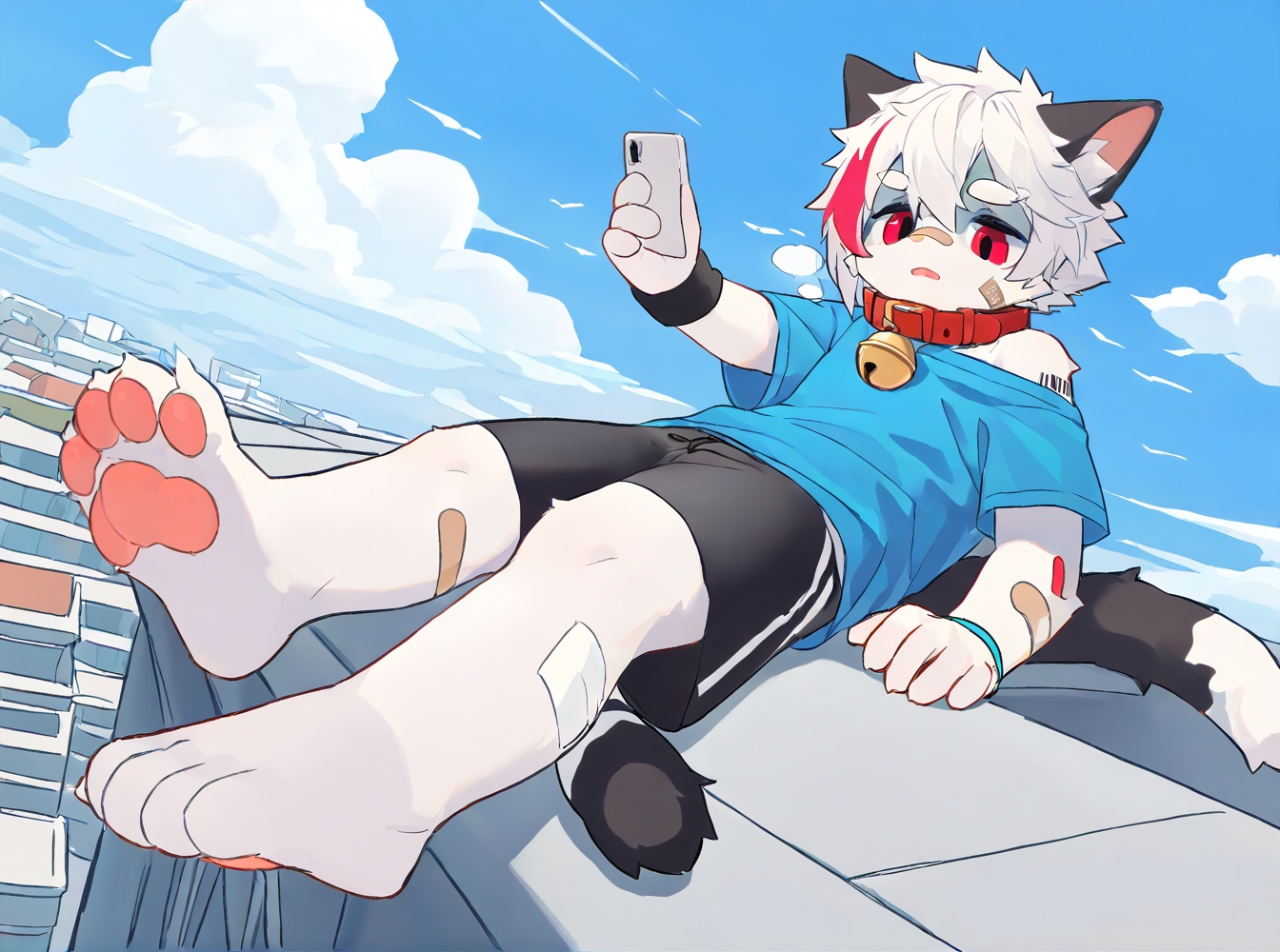 furry,Right mid length drooping frontal hair,(Asymmetric hair on the temples:1.2),Expose left shoulder,wristband,thick eyebrows,barcode tattoo,heavy_breathing,AKIRA,cat boy,1boy,solo,male_focus,(white_hair:0.8),red eyes,[bell on collar,Collar,Cortical collar,Large collar],(blue t-shirt,black_leggings under shorts,black bike_shorts),(barefoot) BREAK dutch angle,vanishing point,sitting on rooftop,(blue sky,cloud,wind),(masterpiece, best quality:1.1),foot focus,bandage on nose,bandage on leg,Tail decoration,cat tail,<lora:furry工厂:0.5>,