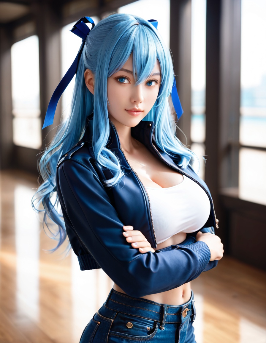 score_9,score_8_up,score_7_up,1girl,solo,best quality,highres,masterpiece,long hair,blue hair,blue eyes,bangs,hair between eyes,hair ribbon,large breasts,cropped jacket,jeans,crossed arms,
