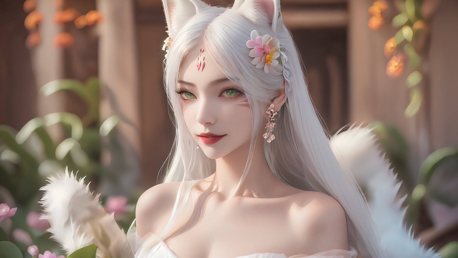 1girl,animal ears,solo,green eyes,dress,tail,flower,facial mark,white dress,white hair,hair ornament,hair flower,long hair,blurry background,jewelry,looking at viewer,earrings,blurry,fox ears,petals,fox tail,lips,detached sleeves,animal ear fluff,see-through,smile,<lora:girl xiaobai_20240912002955:0.8>,<lora:Tassels Dudou_20231107170647:0.7>,
