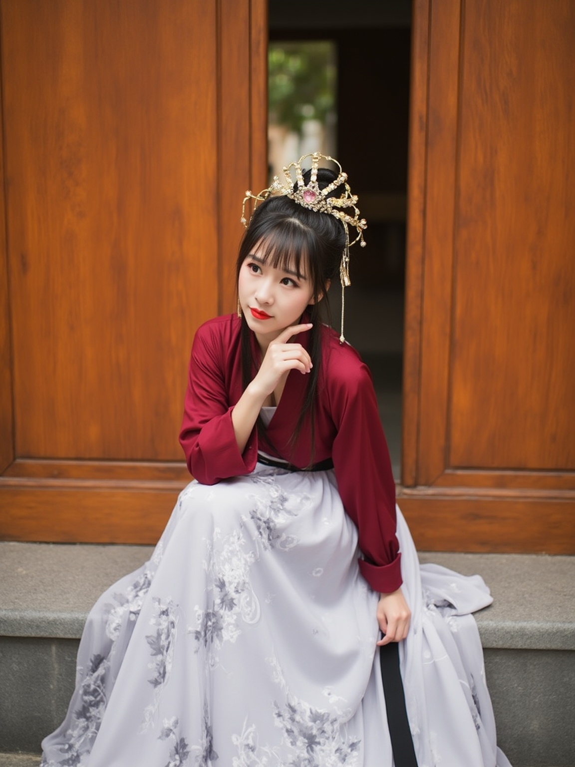 The image is a high-resolution photograph of a young Asian woman dressed in traditional Chinese attire, specifically a qipao (cheongsam). She is seated on a stone bench with her right arm resting on her knee and her left hand delicately holding her chin, exuding an elegant and poised demeanor. The qipao is a long, flowing dress with a high collar and long sleeves, featuring a deep burgundy top and a flowing white skirt adorned with intricate floral patterns in shades of grey and white. The fabric appears to be a blend of silk and chiffon, with a slight sheen and a soft drape. Her hair is styled in a high bun, adorned with a traditional headdress featuring delicate gold ornaments and a small, intricately designed crown. The background consists of large wooden doors with a warm, rustic finish, which adds a sense of history and tradition to the scene. The doors are slightly ajar, revealing a glimpse of a serene garden or courtyard beyond. The overall composition and details suggest a serene, timeless moment, possibly in a historical or cultural setting, emphasizing the beauty and grace of traditional Chinese attire.