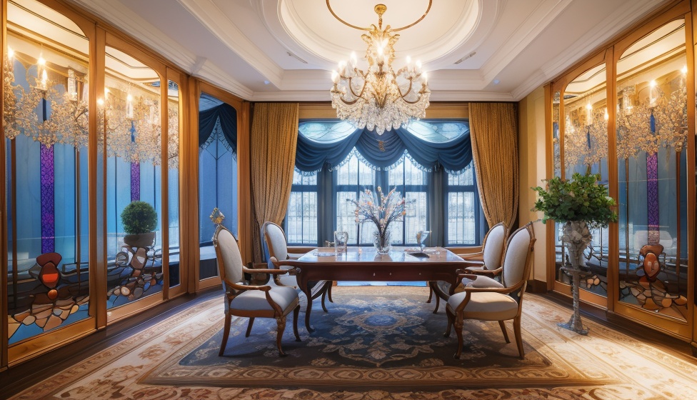 1room, blanket, chair, chandelier, cup, europeroom, huali, indoors, no humans, pillow, scenery, stained glass, table, tree, vase ,<lora:SD1.5_Europeroom1.28:0.6>