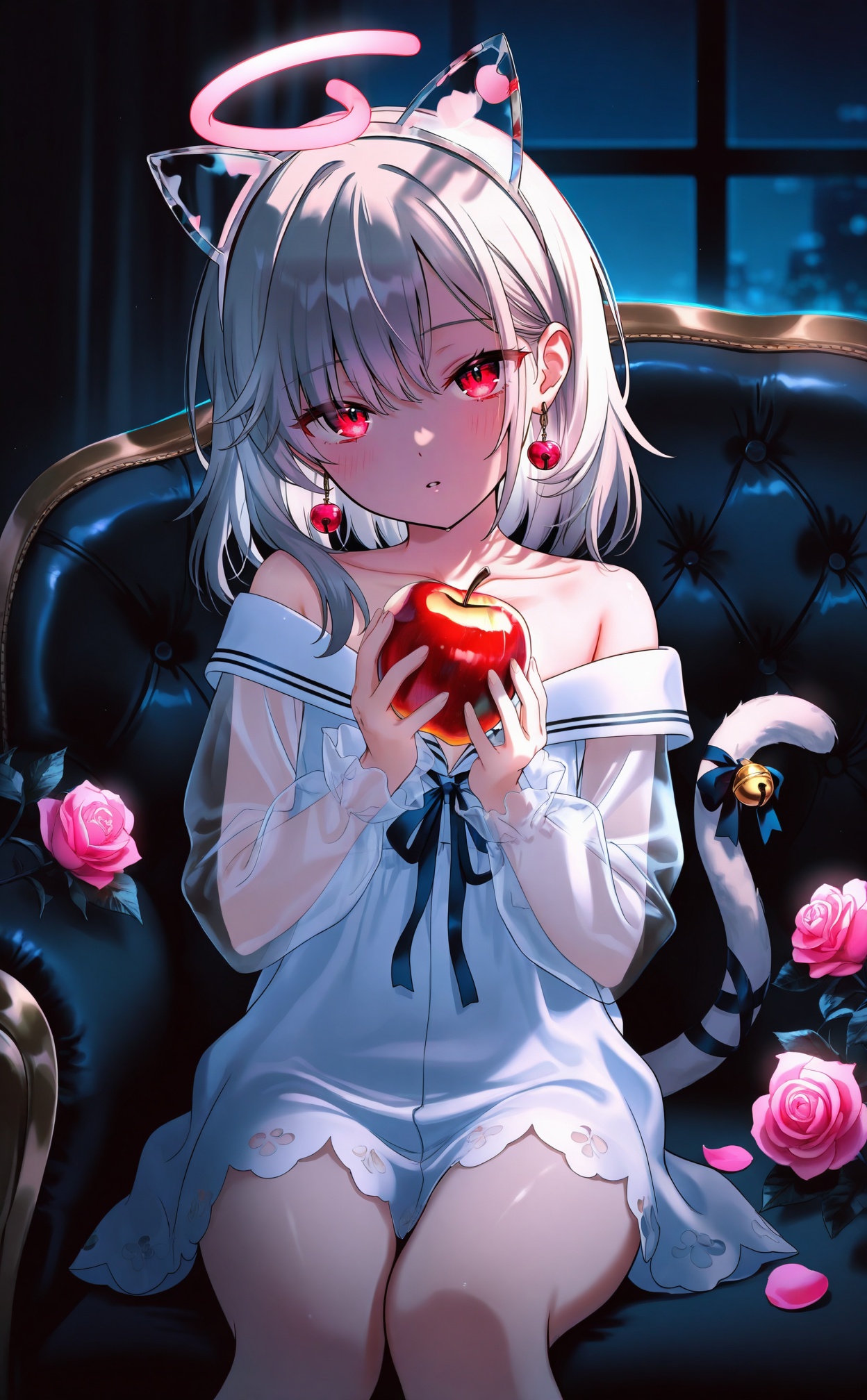 masterpiece,absurdres,best quality,loli,petite,high quality,chromatic_aberration,dark,black theme,//,1girl, apple, solo, animal ears, food, flower, fruit, tail, earrings, couch, jewelry, dress, cat tail, see-through, rose, looking at viewer, holding, cat ears, sitting, white dress, fake animal ears, on couch, see-through sleeves, bell, pink flower, medium hair, holding fruit, indoors, holding food, tail ornament, sailor collar, collarbone, pink rose, white sailor collar, window, white hair, parted lips, ribbon, halo, tail bell, white footwear, long sleeves, off shoulder, blurry, red apple, tail ribbon, jingle bell, grey hair, red eyes, off-shoulder dress, blush, tail bow, petals, night, see-through dress//,<lora:degrees_25——【CKXL】hans:0.6>,<lora:nekoyashiki_pushio——【CKXL】hans:0.4>,<lora:timmoo——【CKXL】hans:0.4>,