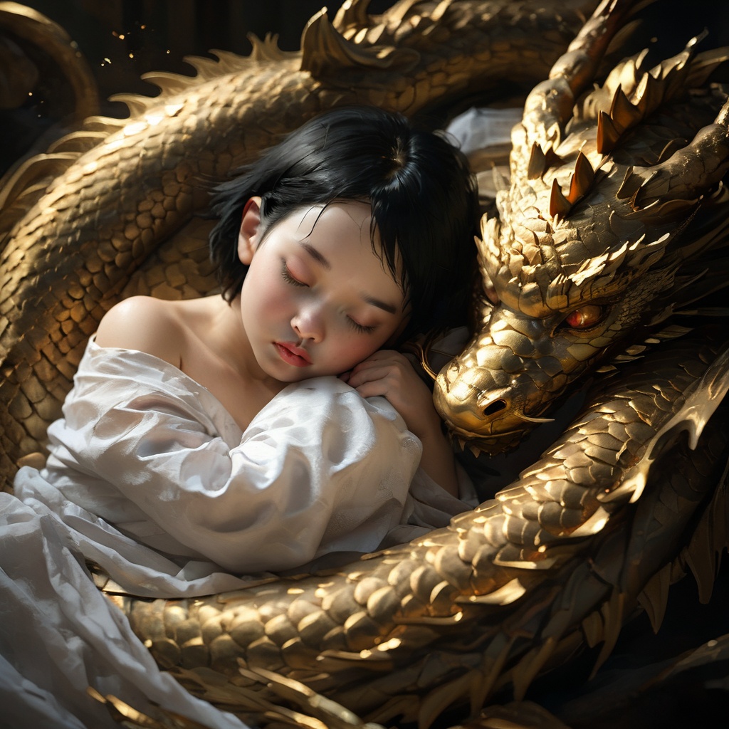 lbbao,dragon,black hair,1girl,realistic,sleeping,solo,parted lips,short hair,<lora:龙宝宝:0.8>,