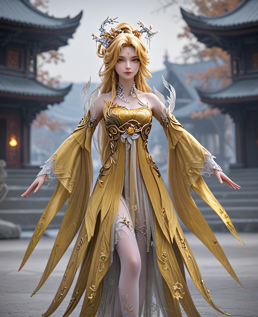 (oriental architecture, elegant decor, sophisticated style:1.1),ice skating,(breasts:1.2),<lora:XL16完美世界黄金花女子:0.95>,1girl,yellow dress,yellow eyes,yellow eyeshadow,forehead mark,blonde hair,very long hair,hair ornament,princess half-up hairstyle with long cascading hair,wide flowing sleeves,white thighhighs,sash,, zPDXL2, score_9, score_8_up, score_7_up BREAK realistic, masterpiece,best quality, highly detailed,, zPDXL3, zPDXL2,zPDXL, zPDXLxxx, zPDXLrl,