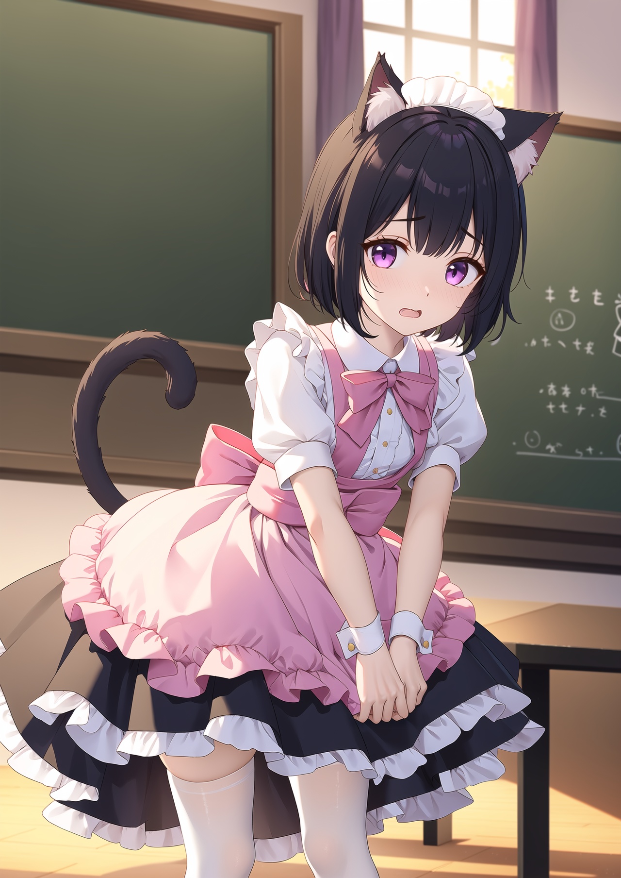 masterpiece,best quality,animal ears,tail,thighhighs,maid,cat ears,maid headdress,cat tail,solo,black hair,purple eyes,white thighhighs,short hair,apron,garter straps,1girl,open mouth,bow,short sleeves,detached collar,wrist cuffs,balloon,maid apron,looking at viewer,dress,blush,pink bow,frills,indoors,cat girl,puffy sleeves,bowtie,blurry,puffy short sleeves,white apron,chalkboard,blurry background,black dress,animal ear fluff,standing,embarrassed,frilled apron,pink bowtie,