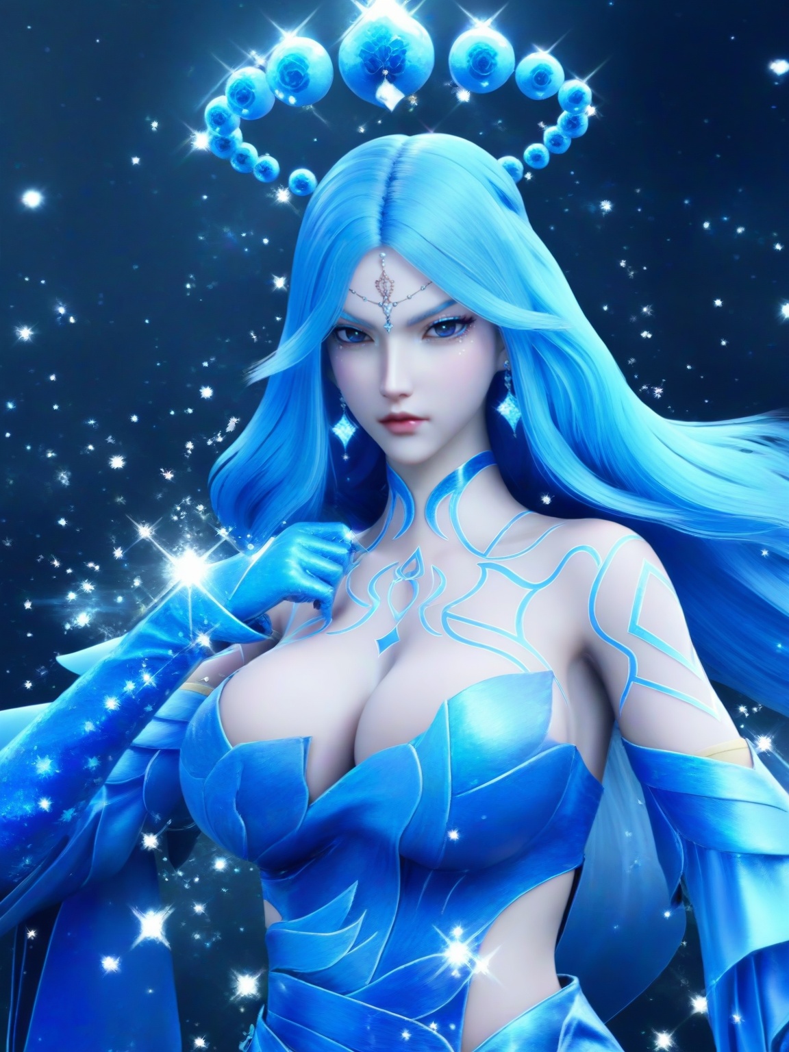 score_9,1girl,solo,dress,long hair,standing,forehead mark,forehead jewel,earrings,hair ornament,blue hair,detached sleeves,large breasts,sparkle,cleavage,standing,upper body,lipstick,looking at viewer,<lora:SF_LiShaoYing_Pony_Realism2.3-000004:0.7>,