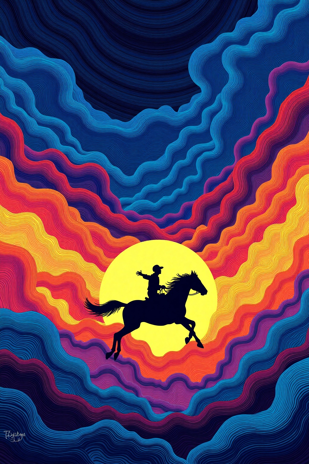 beijihui,Captured at eye-level,a silhouette of a person riding a black horse is seen soaring through a vibrant sunset. The horse's mane and tail are raised in the air,while the rider is seated on the horse's back. The sun is glowing in the center of the image,creating a striking contrast of orange,yellow,blue,and purple hues. The sky is filled with wavy waves,adding a pop of color to the scene.,