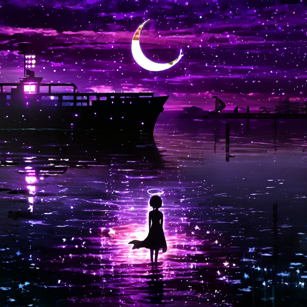 <lora:star_xl_v3:1>,silhouette painting, ethereal ambiance, 1girl, purple theme, solo, short hair, dress, standing, outdoors, sky, cloud, water, night, halo, moon, star \(sky\), night sky, scenery, starry sky, crescent moon, building, reflection, city, fantasy, city lights, a serene nighttime scene by a body of water. , the sky is painted with hues of purple and blue and a crescent moon. the water reflects the colors of the sky and the lights from the ship, a purple and black silhouette of a girl stands by the water's edge on the left gazing at the ship. , she wears a dress and has a glowing headpiece, the ship illuminated with lights, a large vessel with multiple decks, the entire scene is bathed in a magical ambiance, sparkles and particles floating in the air, body of water, ship, girl, headpiece, decks, magical ambiance, sparkles, particles