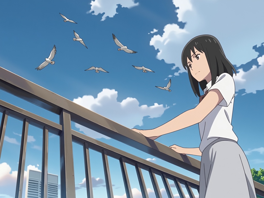 In this anime frame from Flavors of Youth presented in 2:1 widescreen format,  the composition depicts a low-angle shot of...